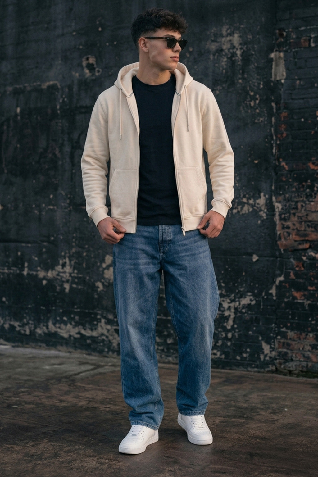 Beige Ribbed Cuff Regular Fit Zip-Up Hoodie