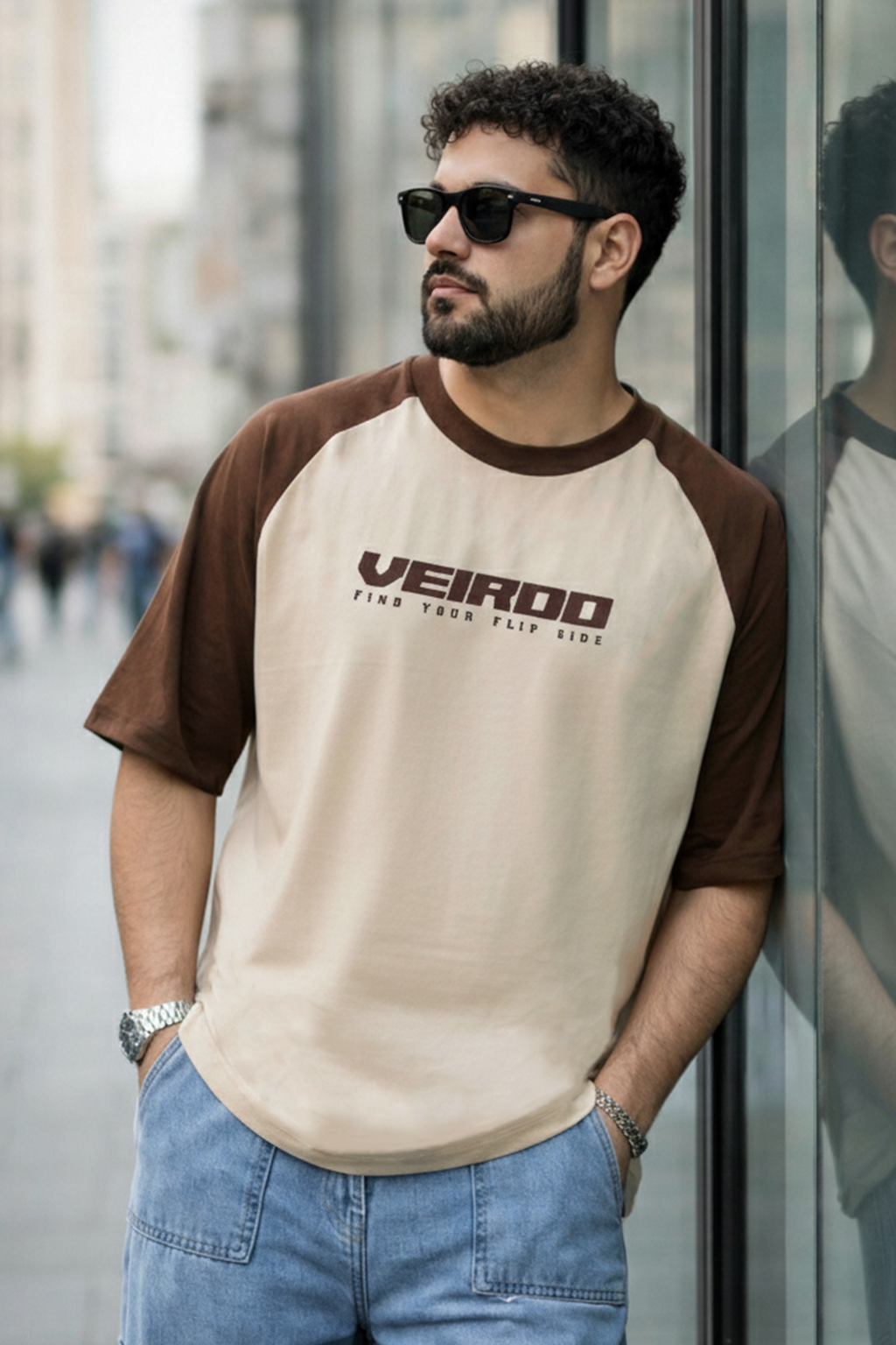 Brown-Swanwhite Raglan Oversized Typography Printed T-shirt