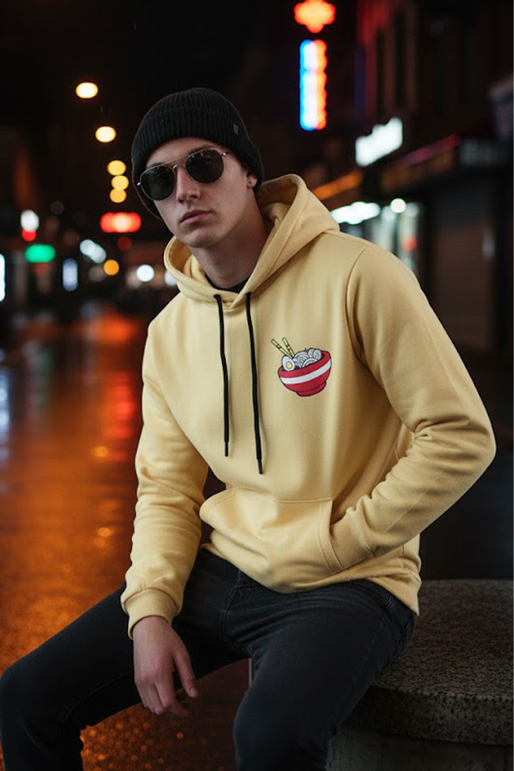 Ramen Beige Regular Fit Back Printed Hoodie