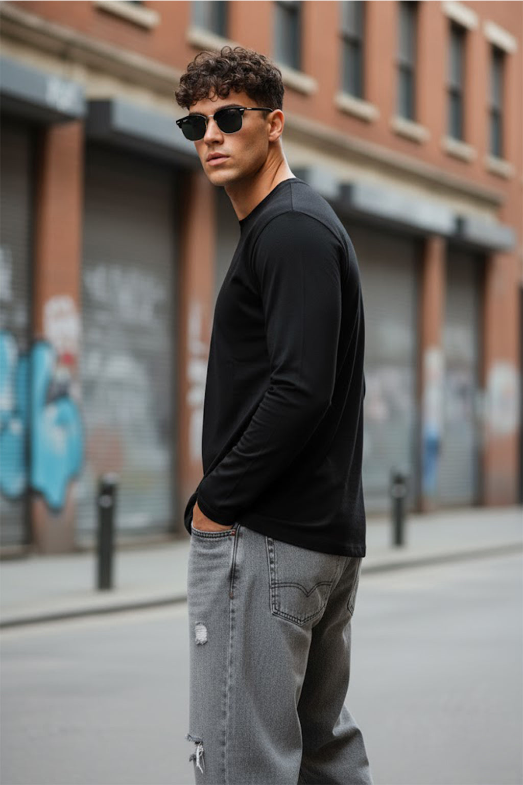 Black Plain Full Sleeves Regular Fit T-shirt