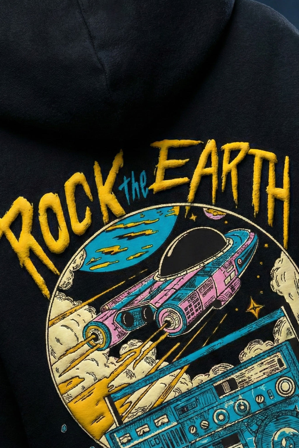 Rock The Earth Black Oversized Puff Printed Exclusive Hoodie