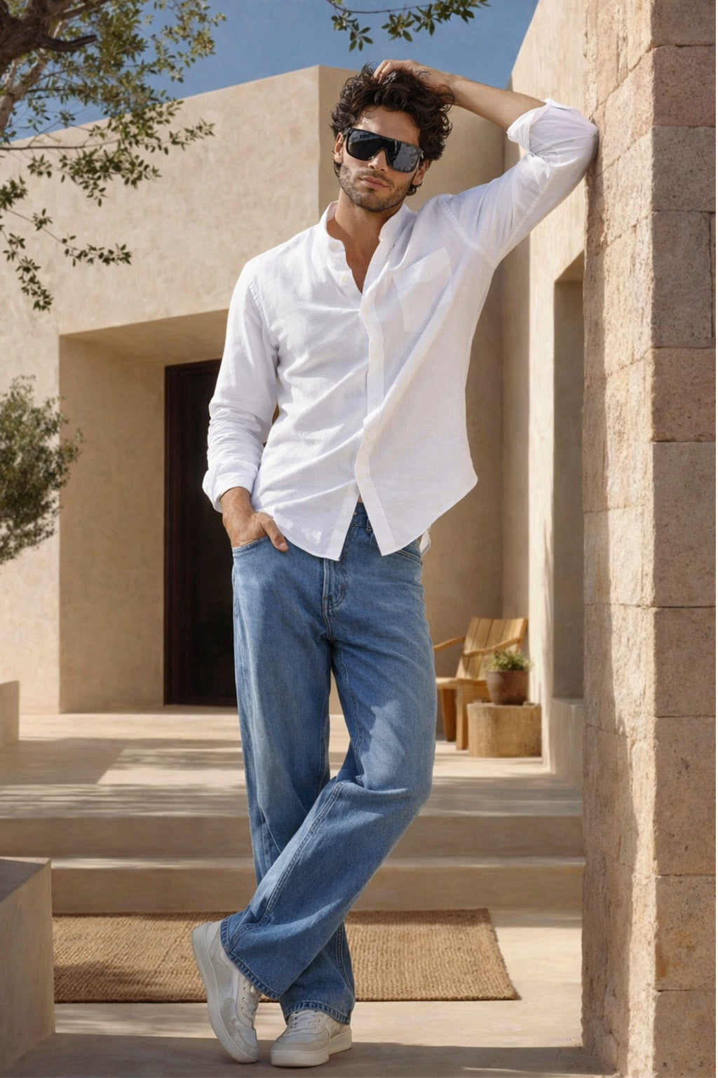 White Plain Regular Fit Chinese Collar Full Sleeve Exclusive Shirt