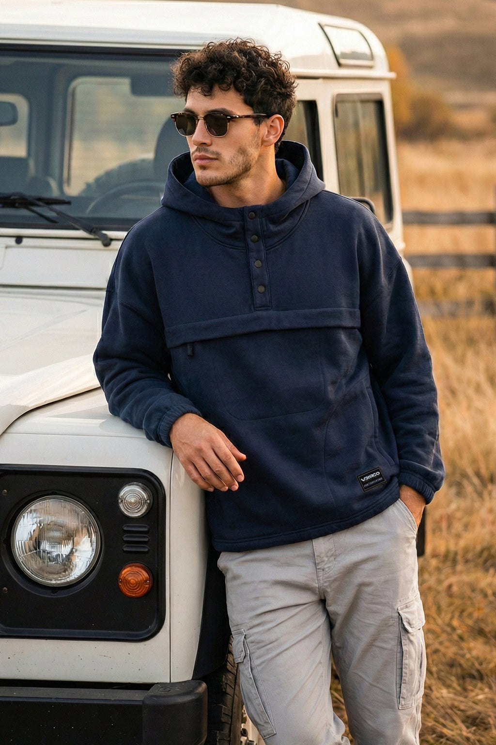 Veirdo Navy Oversized Plain Button-Neck Pullover Hoodie