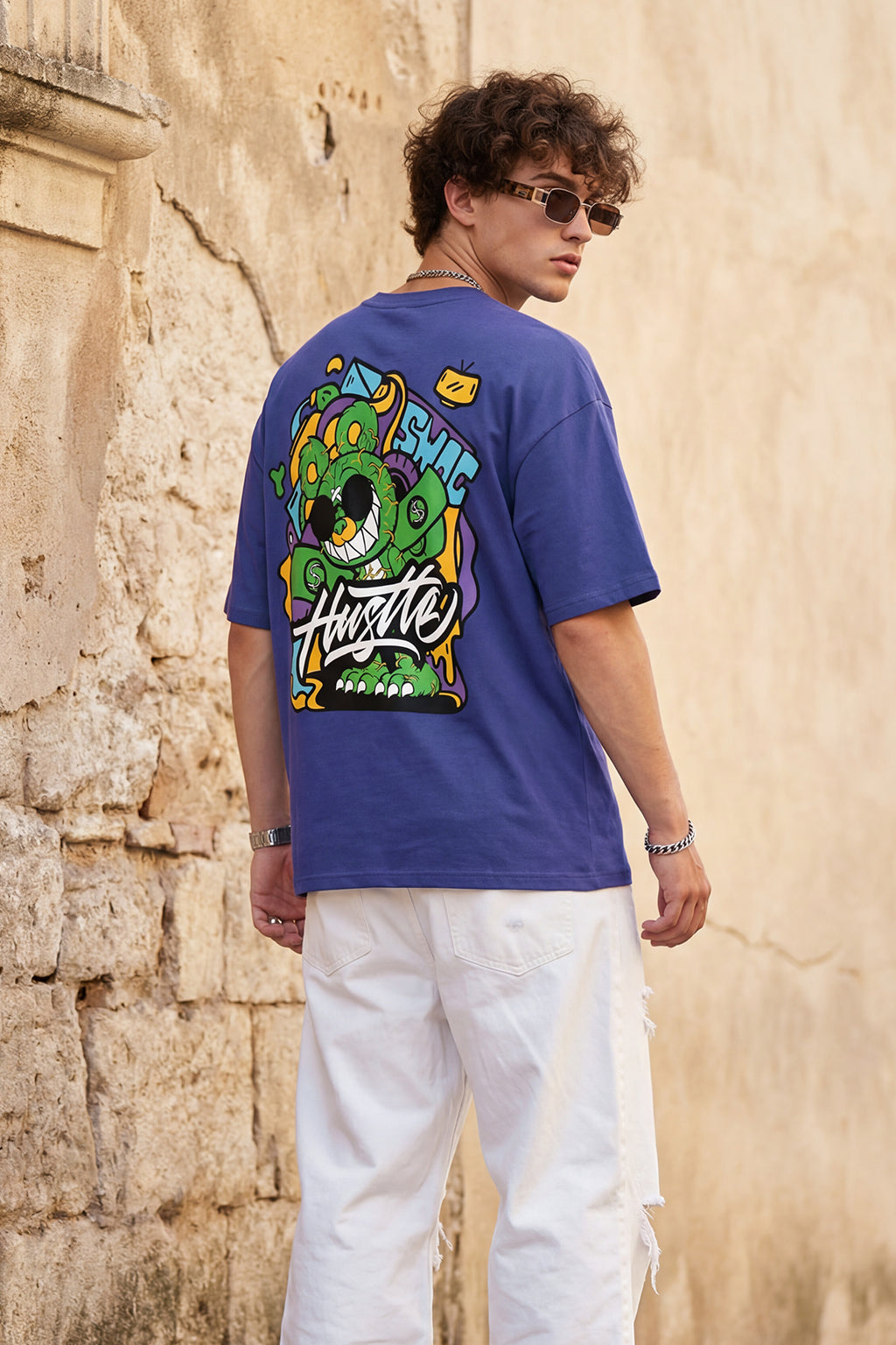 HUSTLE Blue Oversized Graphic Back Printed T-shirt
