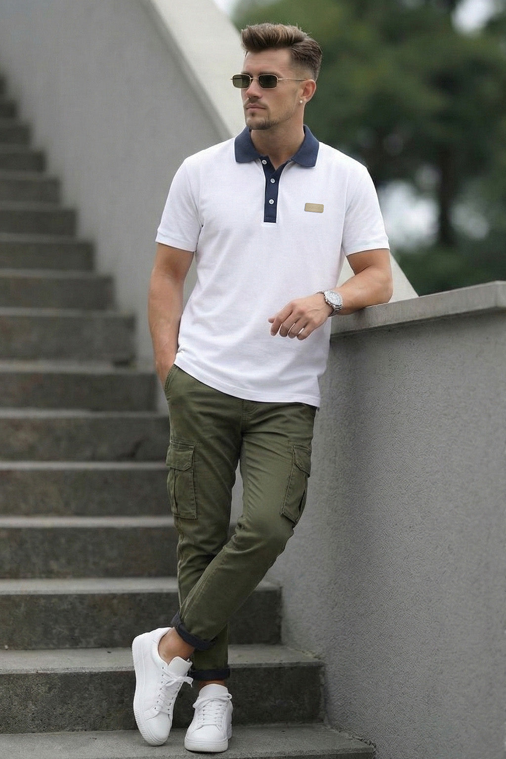 White Contrast Collar Economic Regular Fit Pique Polo