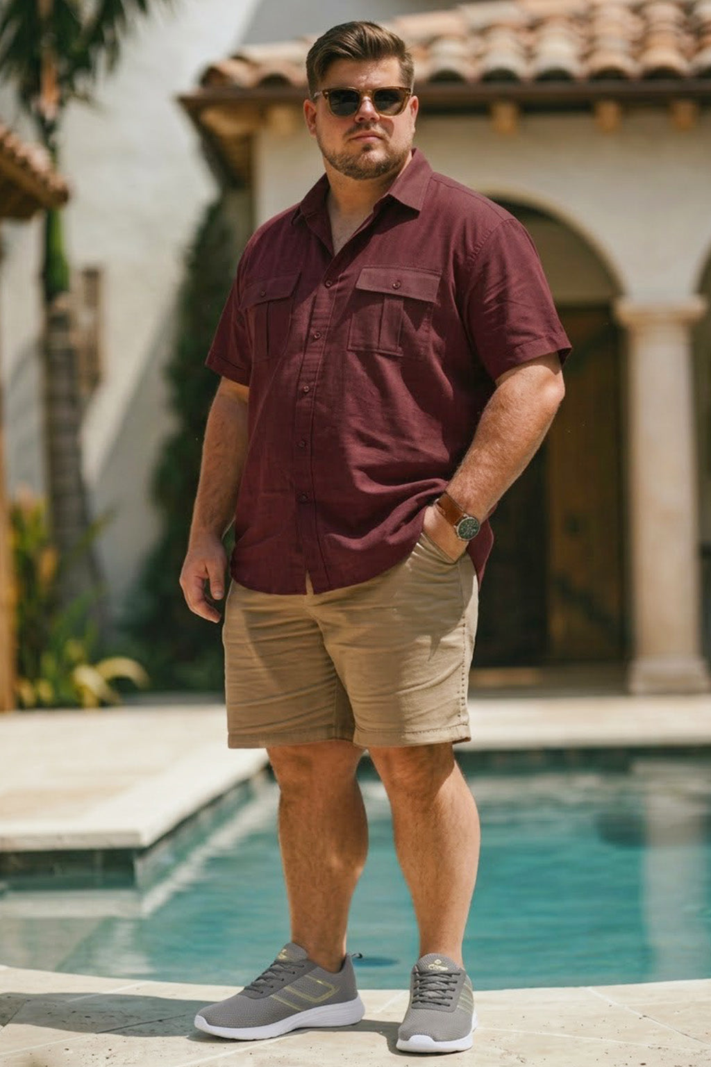 Brown Plus Size Half Sleeve Dual Pocket Utility Exclusive Shirt