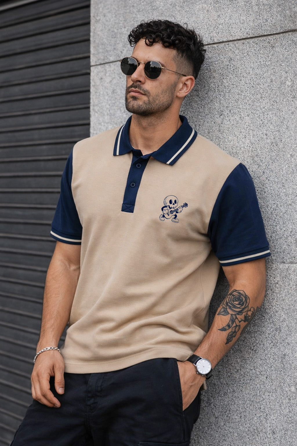 Guitar Swawhite Contrast Stripped Collar Economic Regular Fit Pique Polo