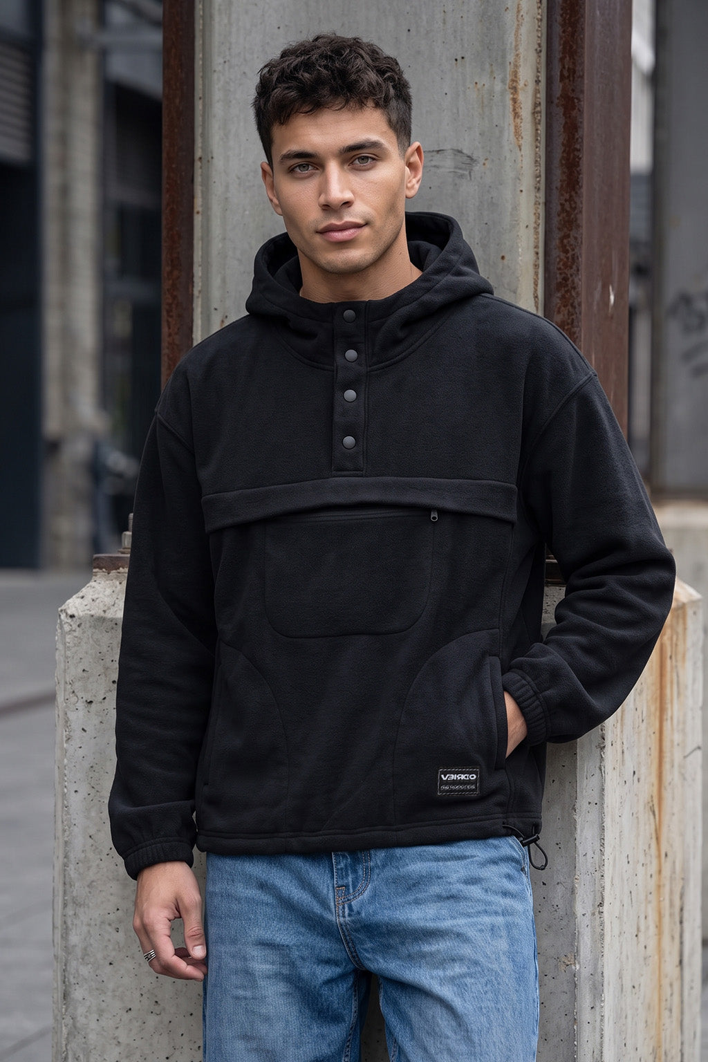 Veirdo Black Oversized Plain Button-Neck Pullover Hoodie