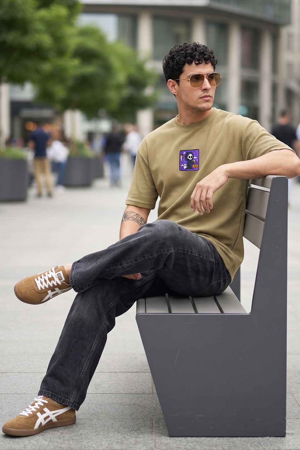 Rebel Skull Olive Moss Oversized Textured T-shirt