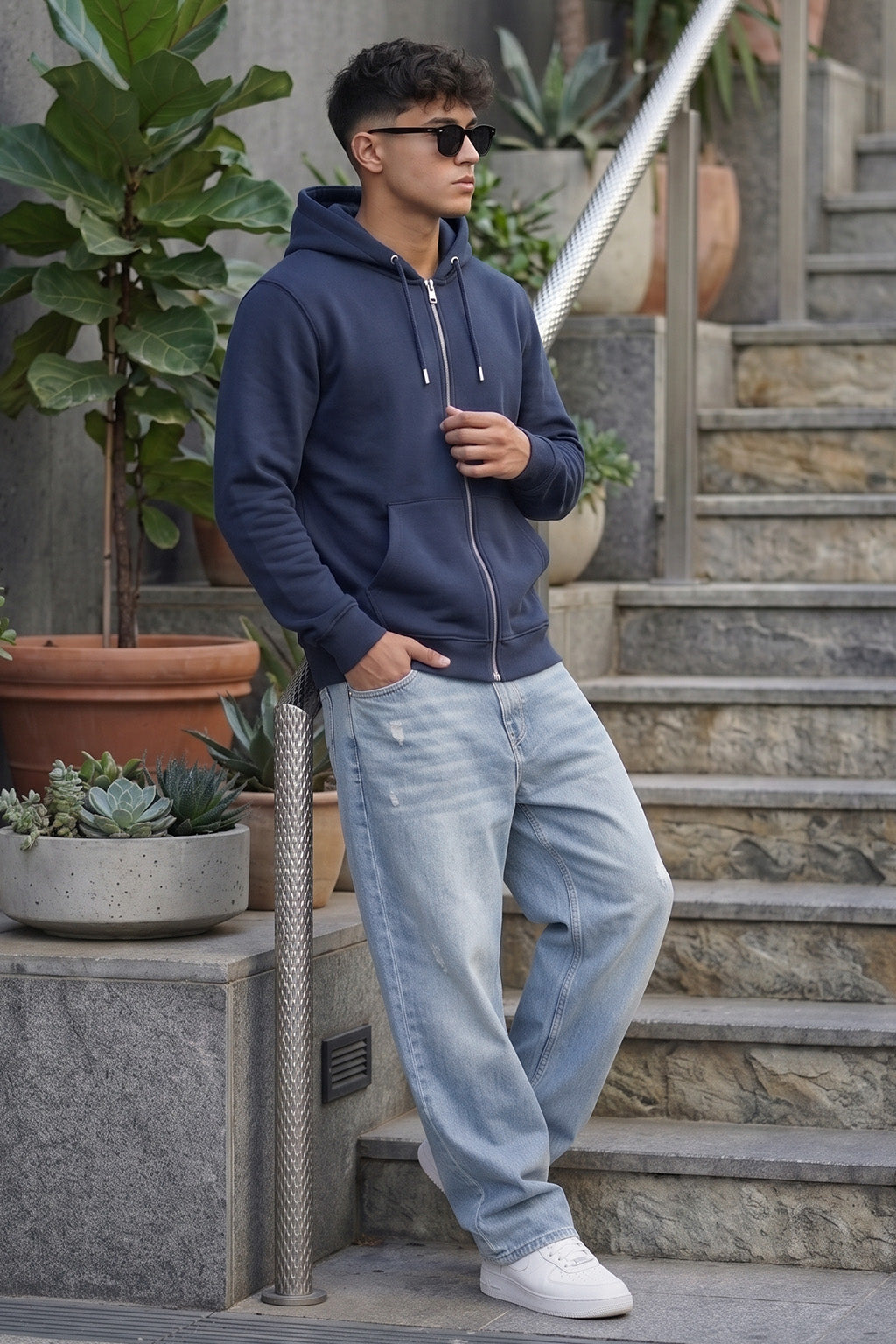 Navy Blue Ribbed Cuff Regular Fit Zip-Up Hoodie