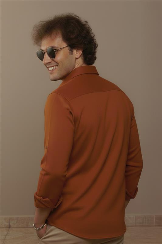 Rust Plain Relaxed Fit Full Sleeve Dual Pocket Utility Exclusive Shirt