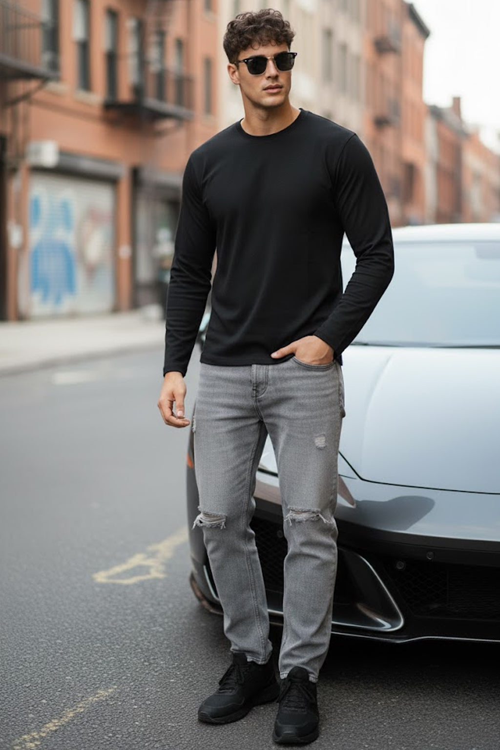 Black Plain Full Sleeves Regular Fit T-shirt