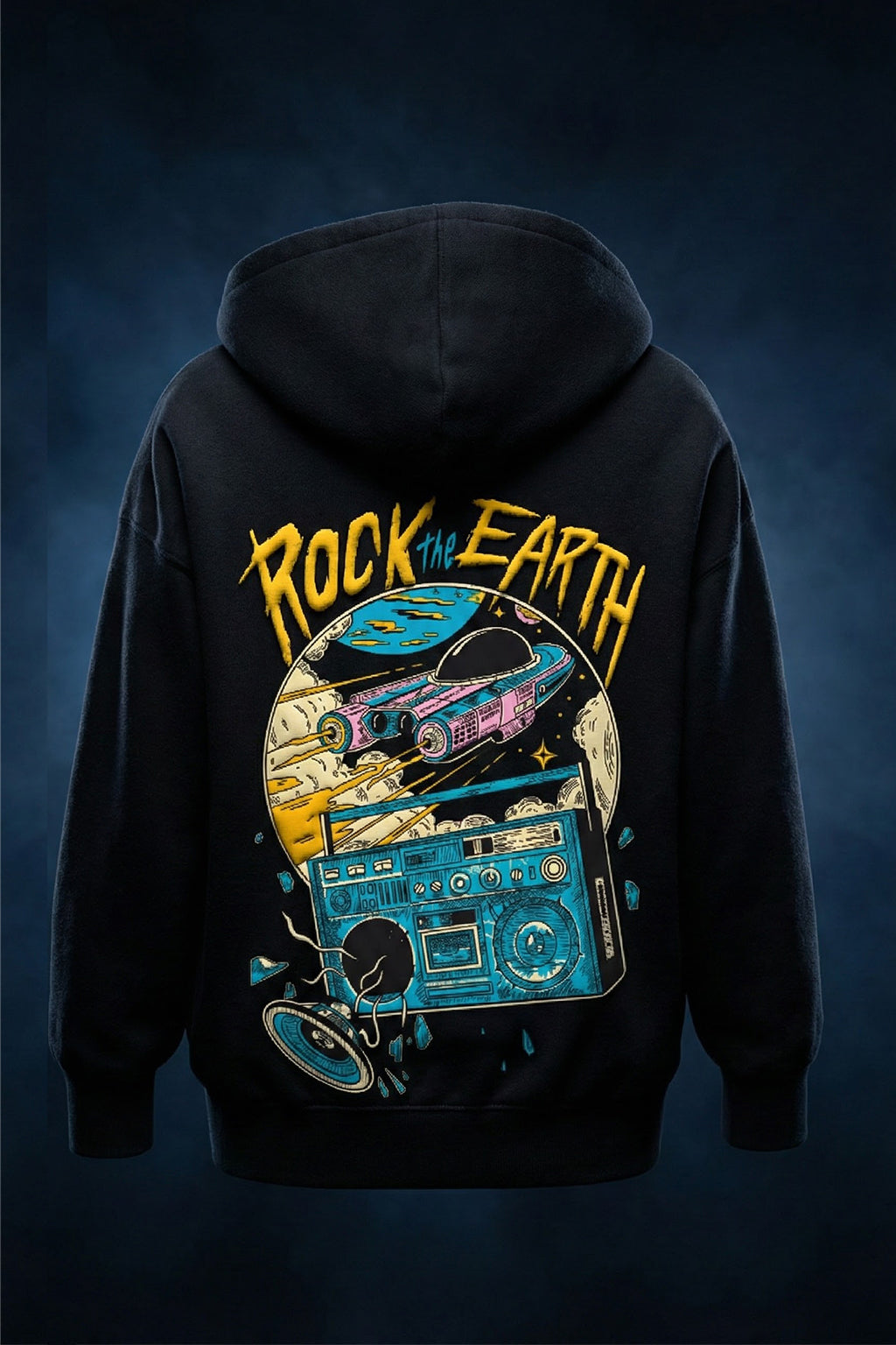 Rock The Earth Black Oversized Puff Printed Exclusive Hoodie