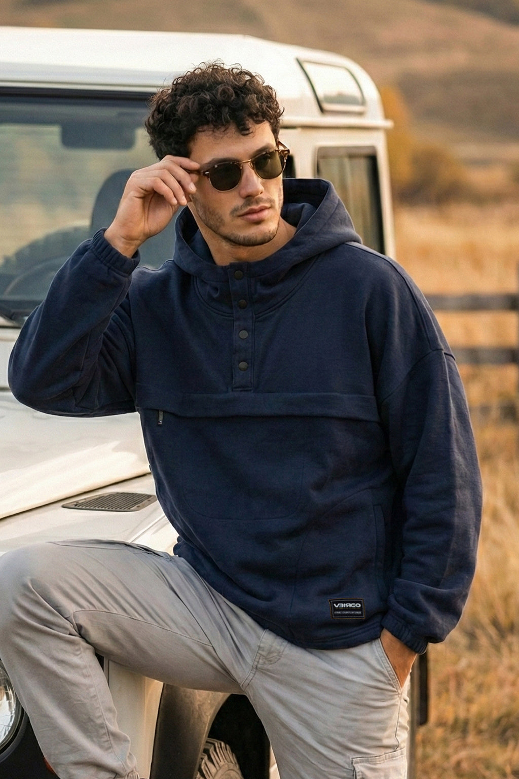 Veirdo Navy Oversized Plain Button-Neck Pullover Hoodie