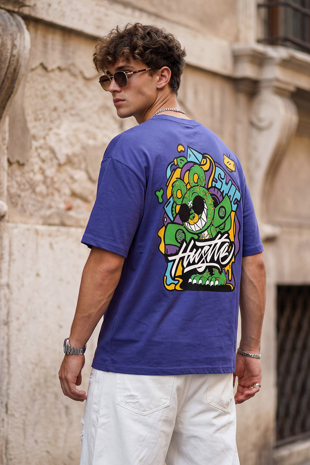 HUSTLE Blue Oversized Graphic Back Printed T-shirt