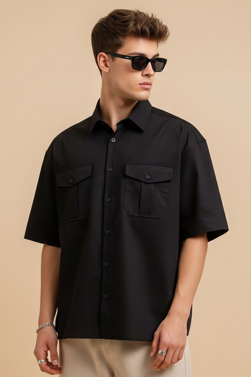 Black Oversized Half Sleeve Dual Pocket Utility Exclusive Shirt