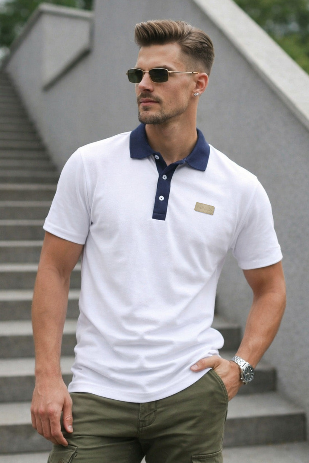 White Contrast Collar Economic Regular Fit Pique Polo