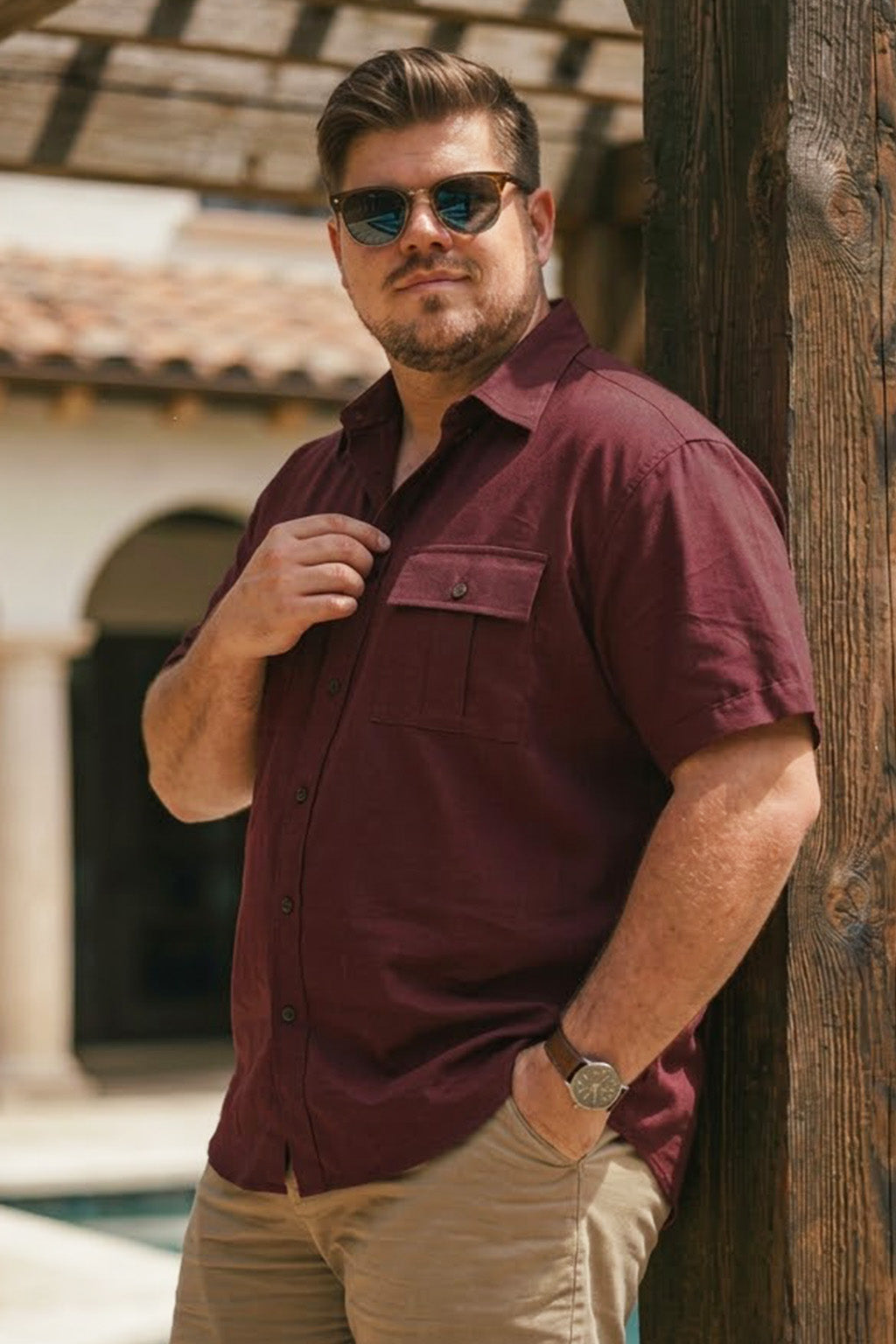 Brown Plus Size Half Sleeve Dual Pocket Utility Exclusive Shirt
