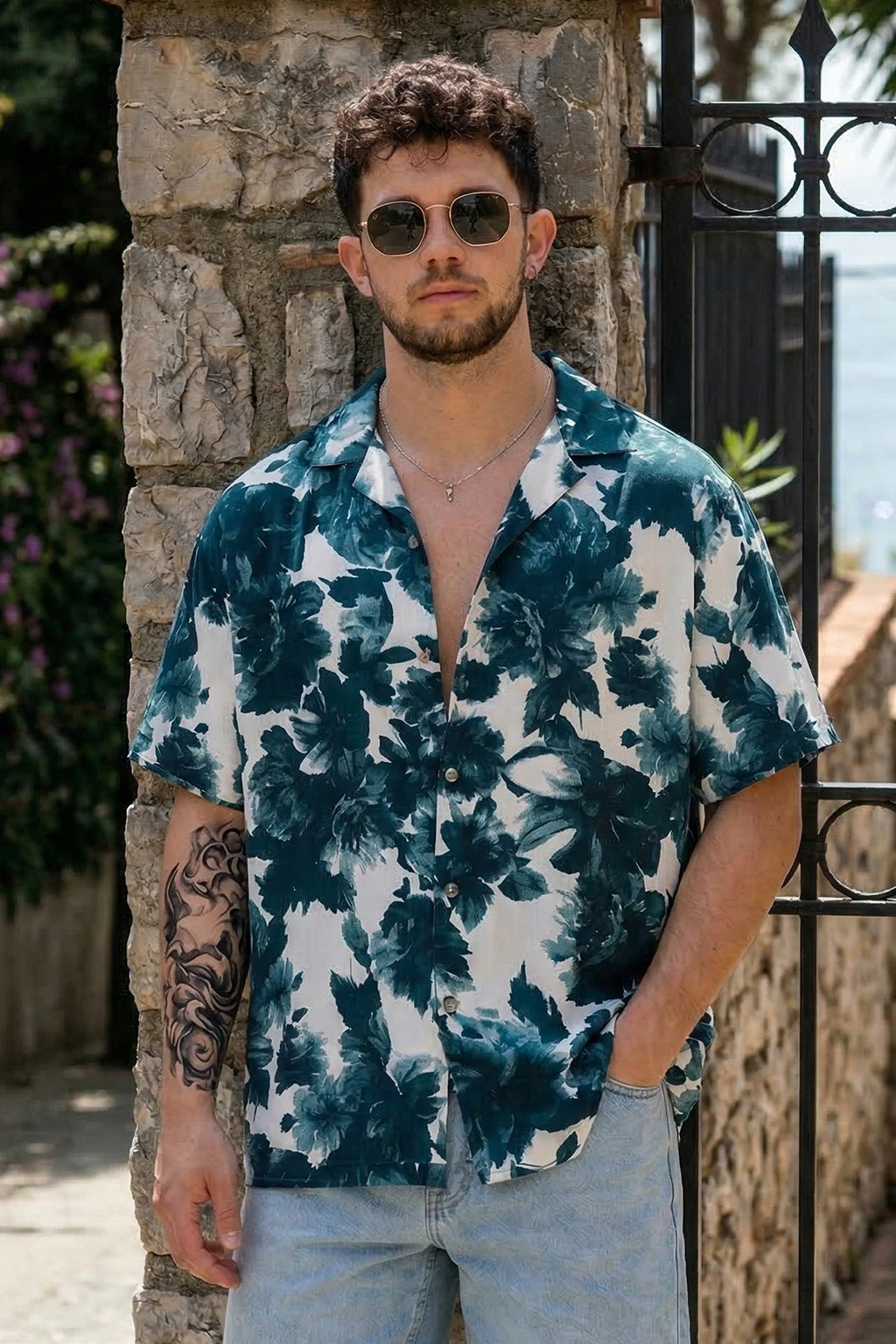 Leaf Print White & Navy Oversized All Over Printed Exclusive Shirt