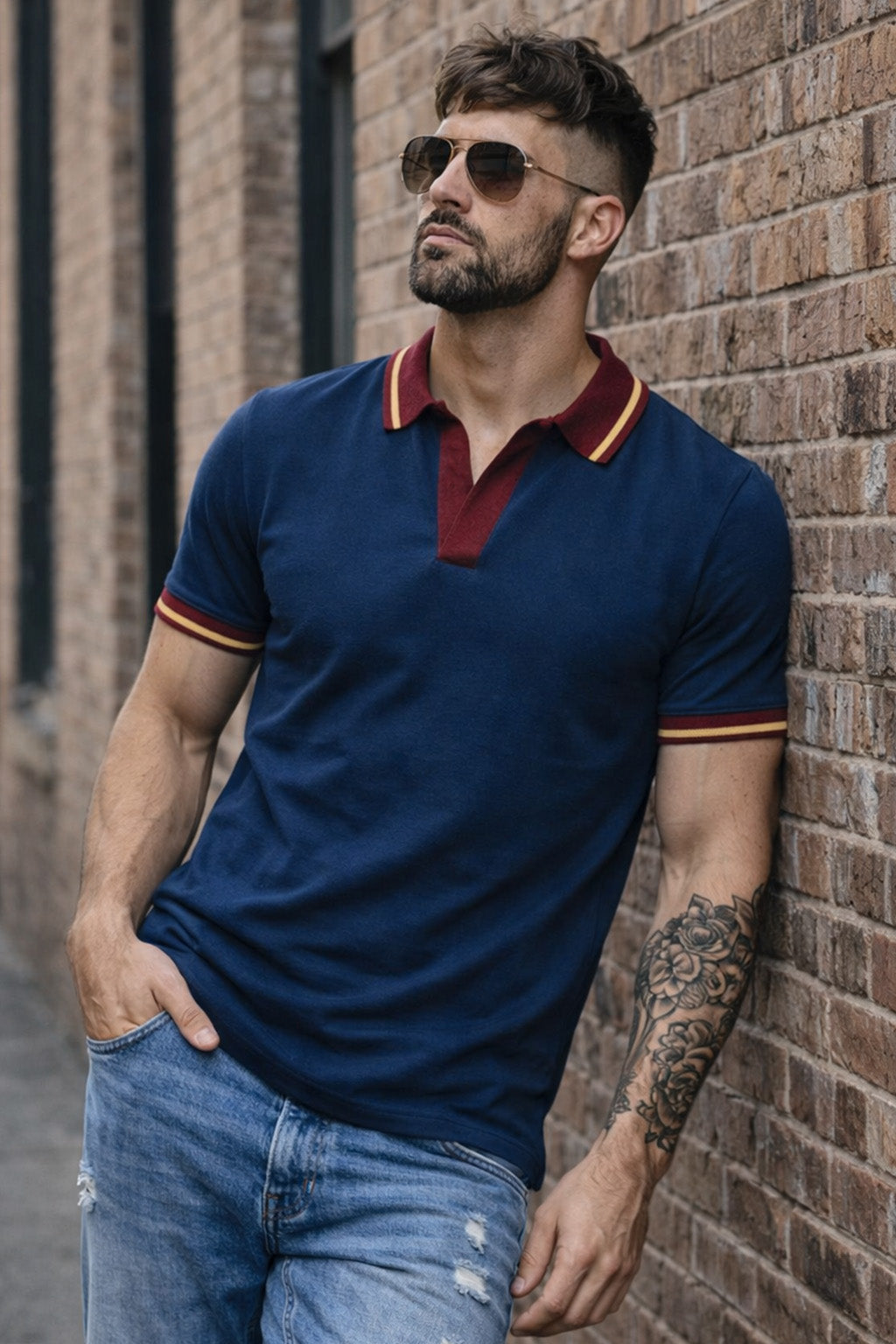 Navy Contrast Stripped Collar Economic Regular Fit Pique Polo
