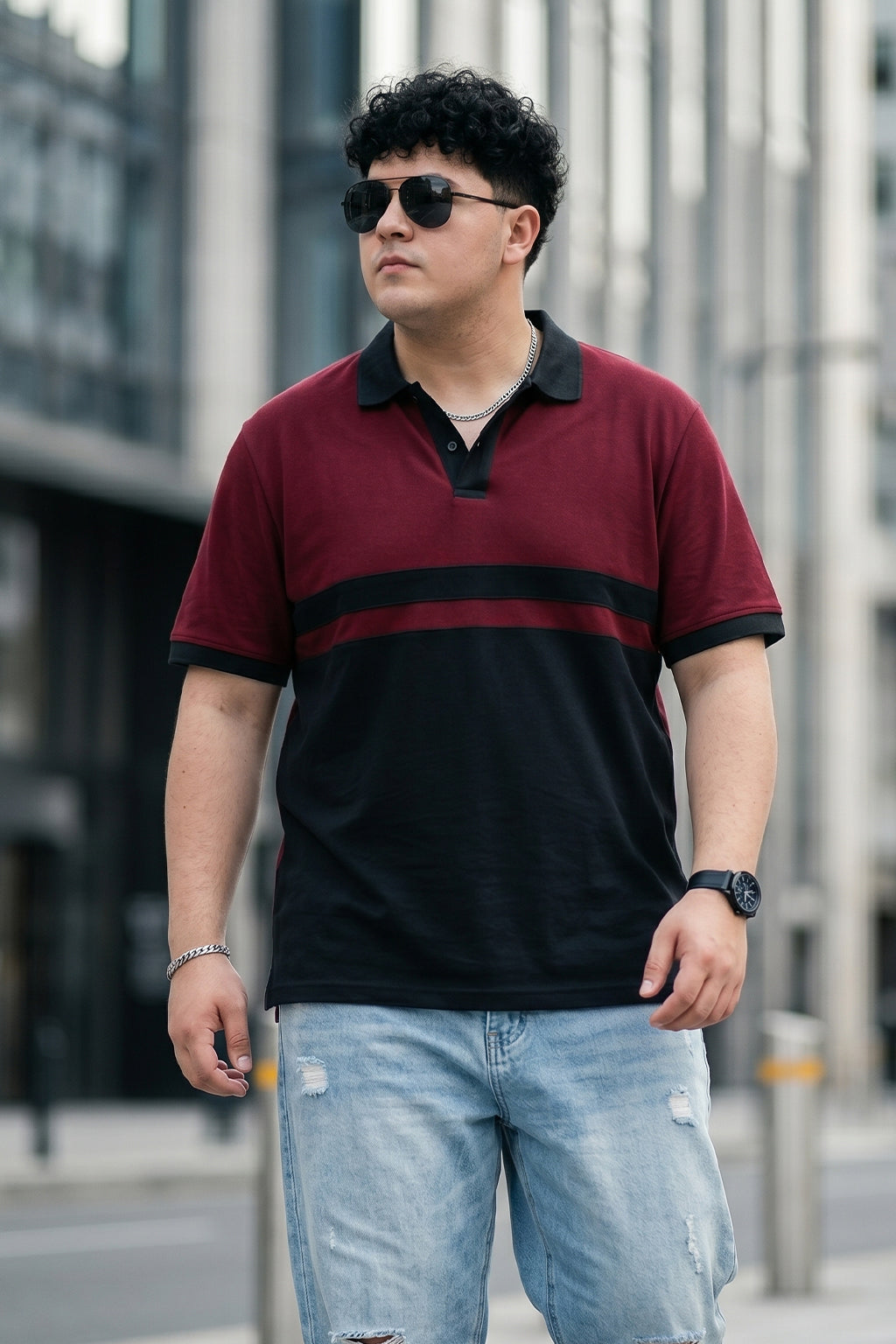 Maroon And Black Striped Plus Size Polo T-shirt