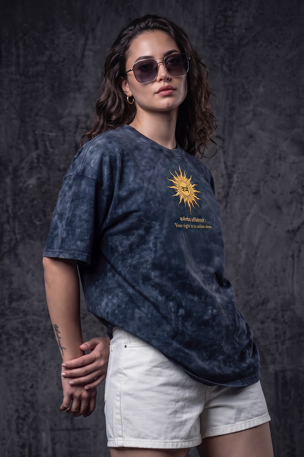 कर्म Navy Acid Washed Printed Exclusive T-shirt Epic Collection For Women