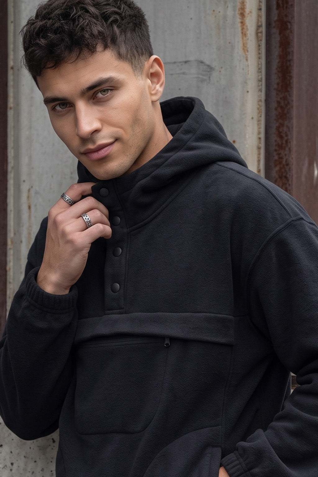 Veirdo Black Oversized Plain Button-Neck Pullover Hoodie