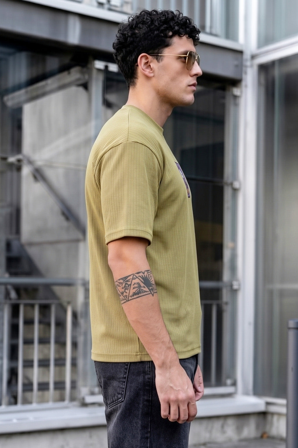 Rebel Skull Olive Moss Oversized Textured T-shirt