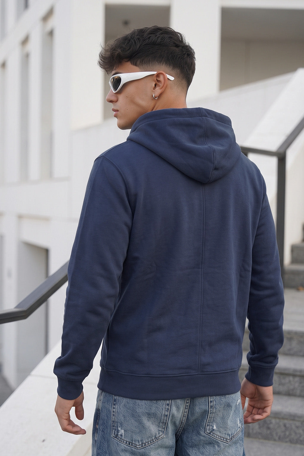 Navy Blue Ribbed Cuff Regular Fit Zip-Up Hoodie
