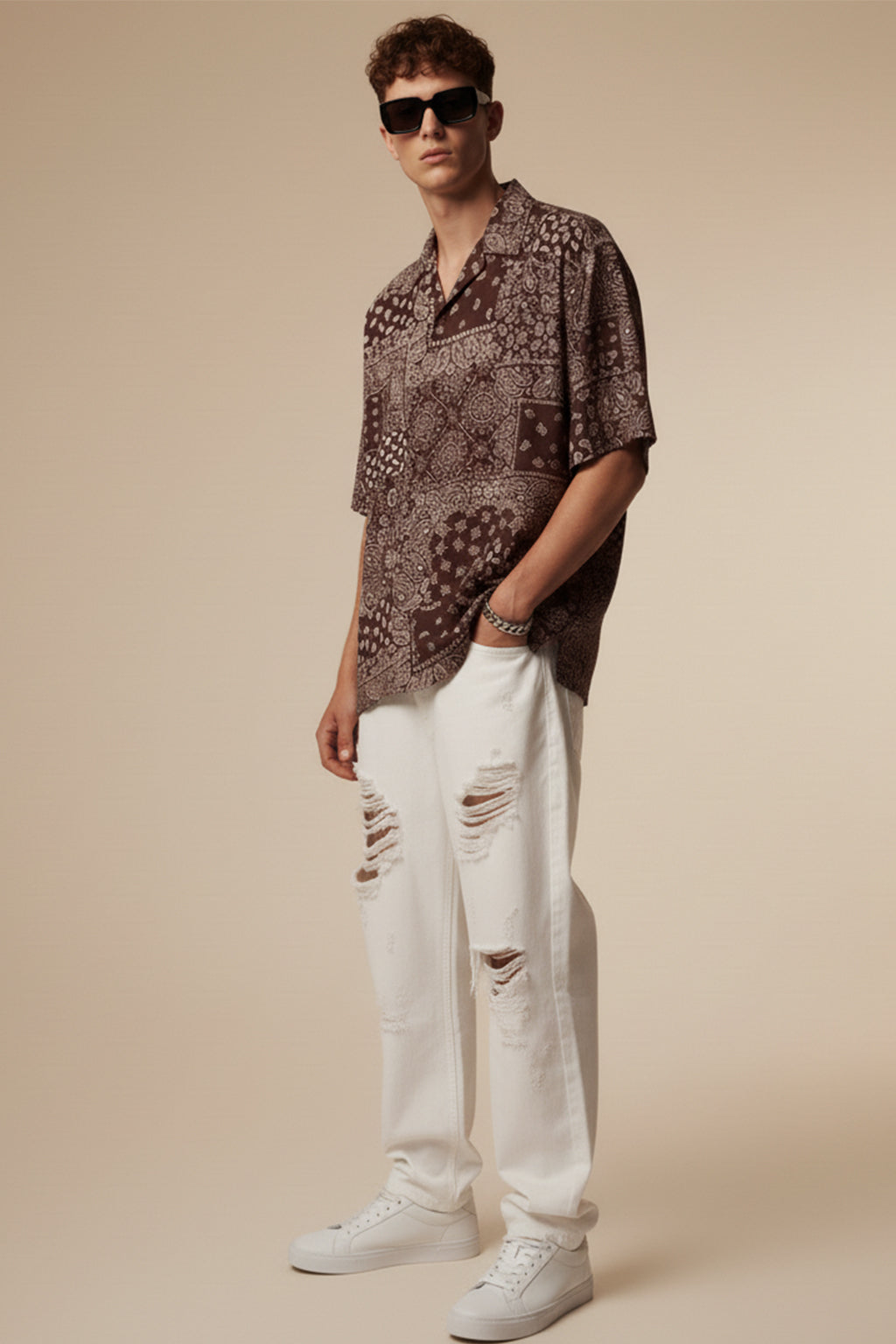 Monochrome Mosaic Brown All Over Print Oversized Exclusive Shirt