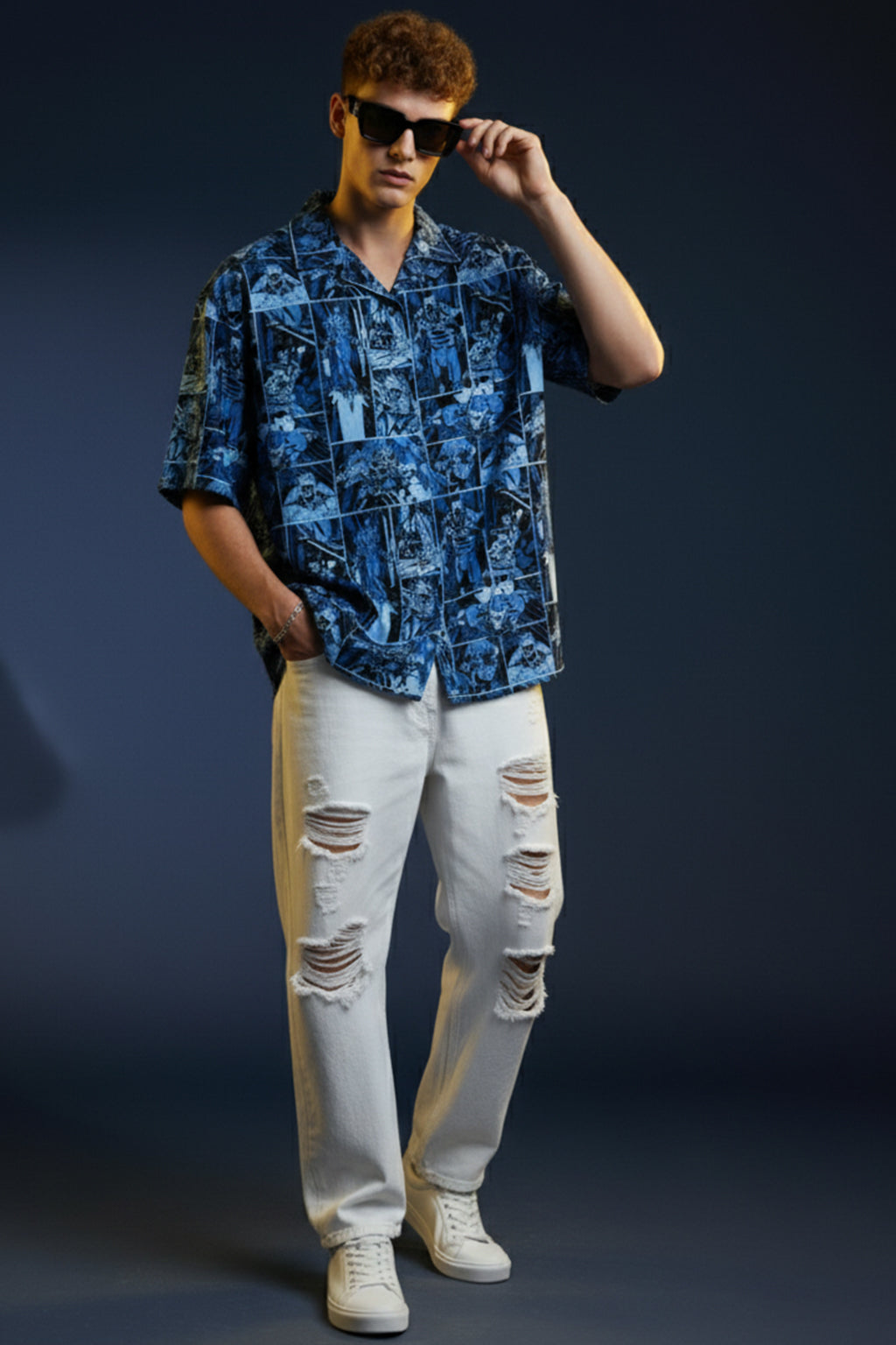Comic Strip Blue All Over Print Oversized Exclusive Shirt