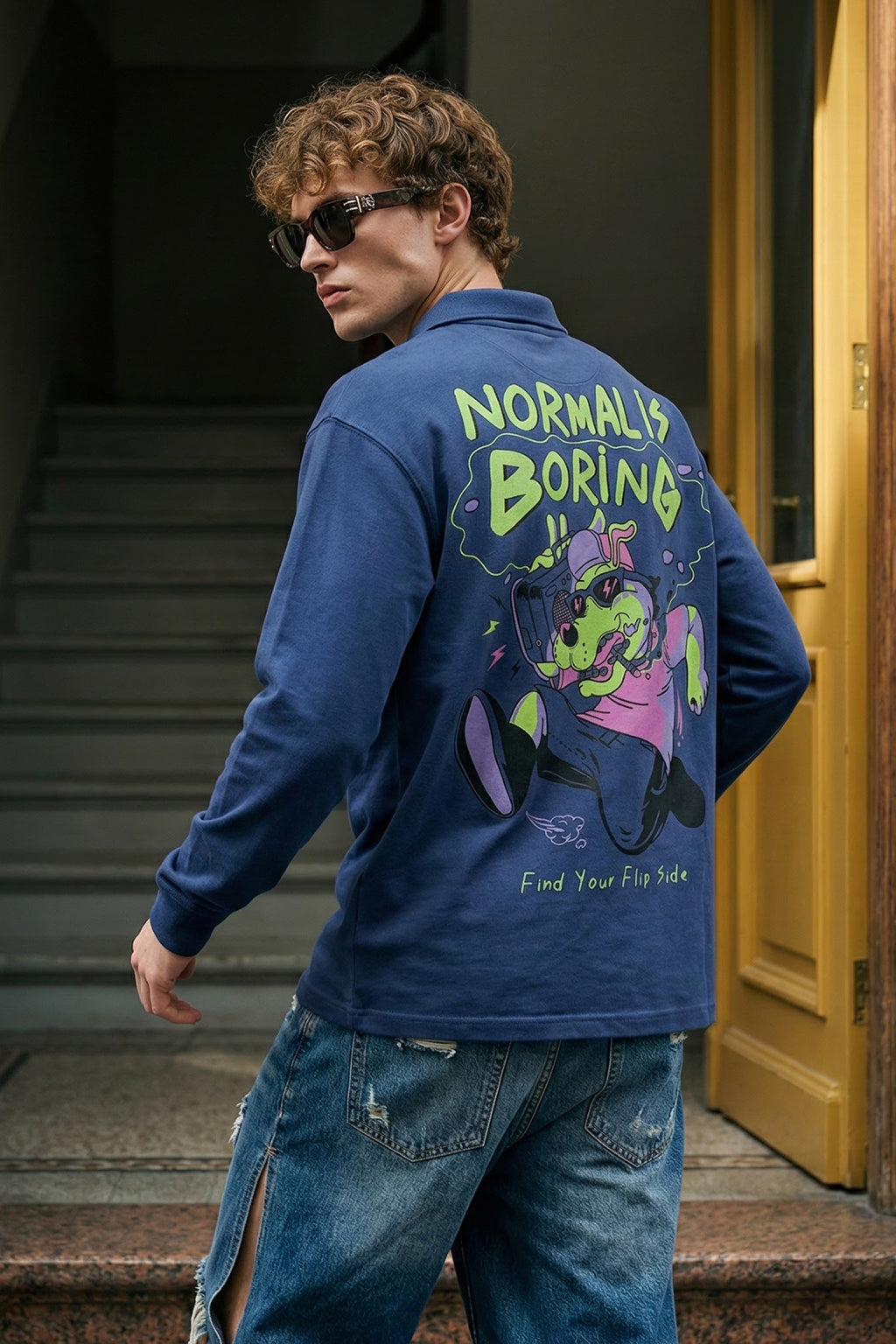 Normal Is Boring Navy Oversized Full Sleeve Exclusive Polo T-shirt