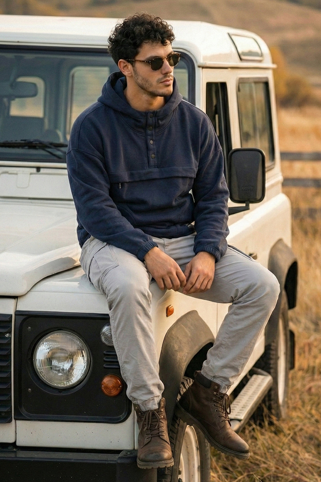 Veirdo Navy Oversized Plain Button-Neck Pullover Hoodie
