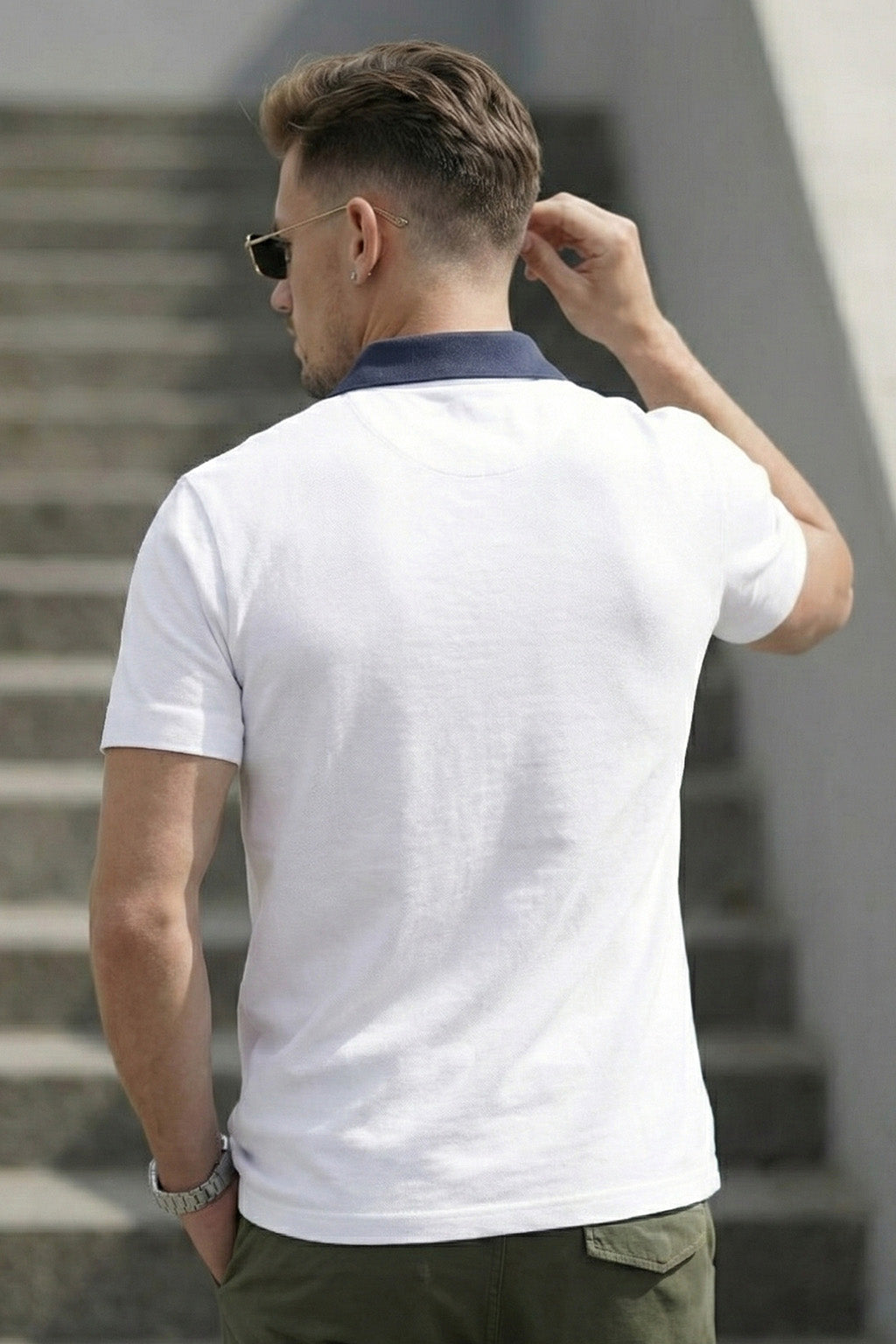 White Contrast Collar Economic Regular Fit Pique Polo