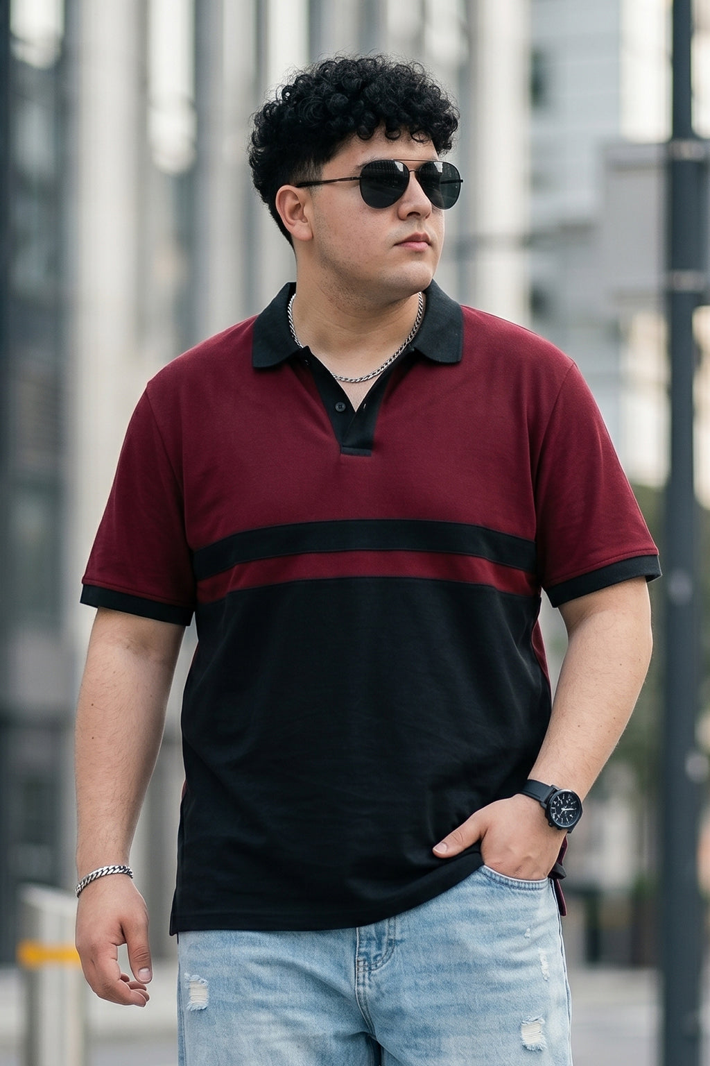 Maroon And Black Striped Plus Size Polo T-shirt