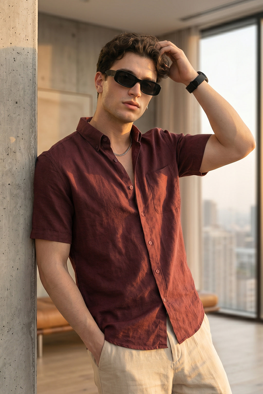 Maroon Plain Regular Fit Half Sleeve Single Pocket Exclusive Shirt