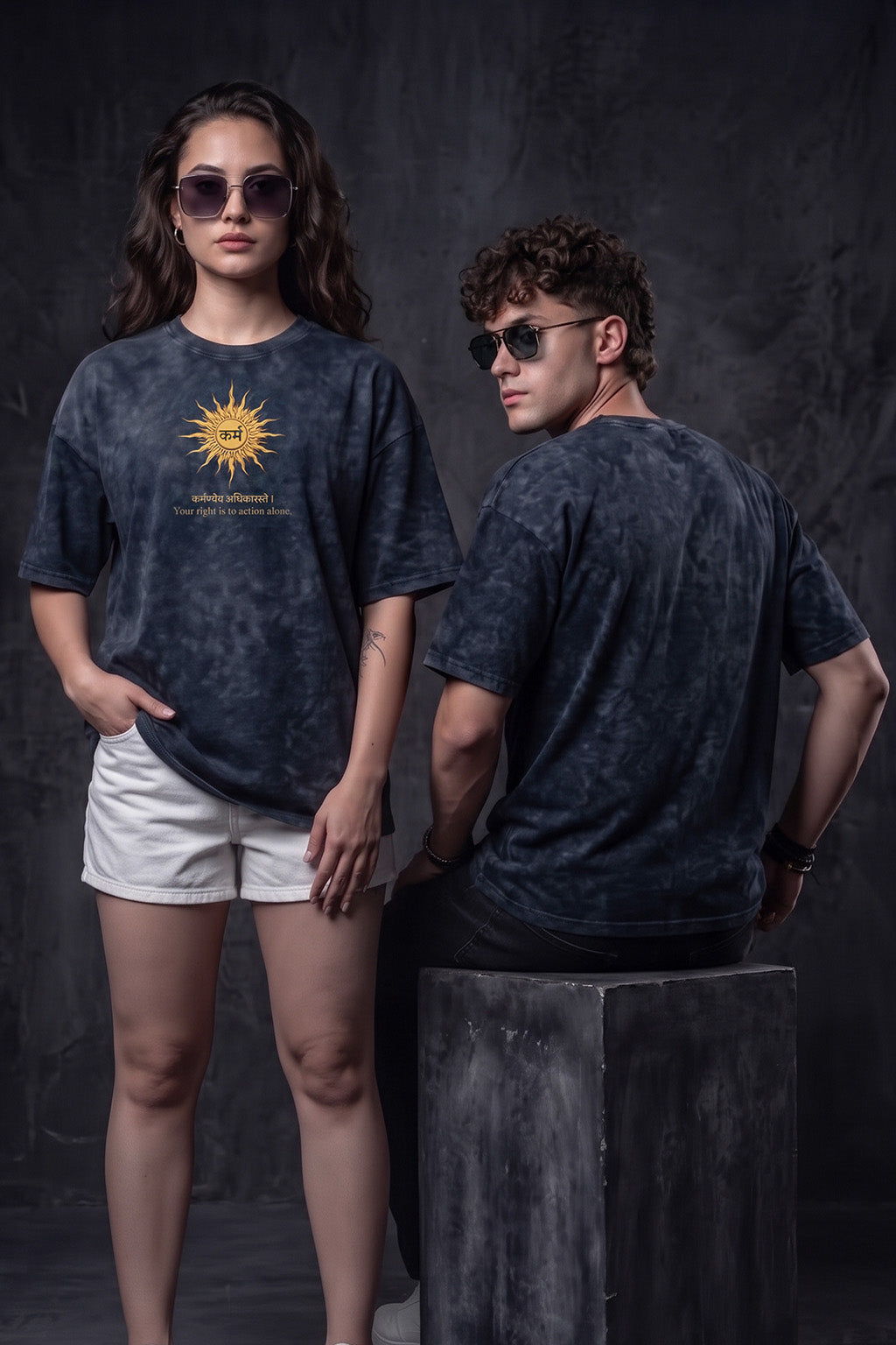 कर्म Navy Acid Washed Printed Exclusive T-shirt Epic Collection For Women