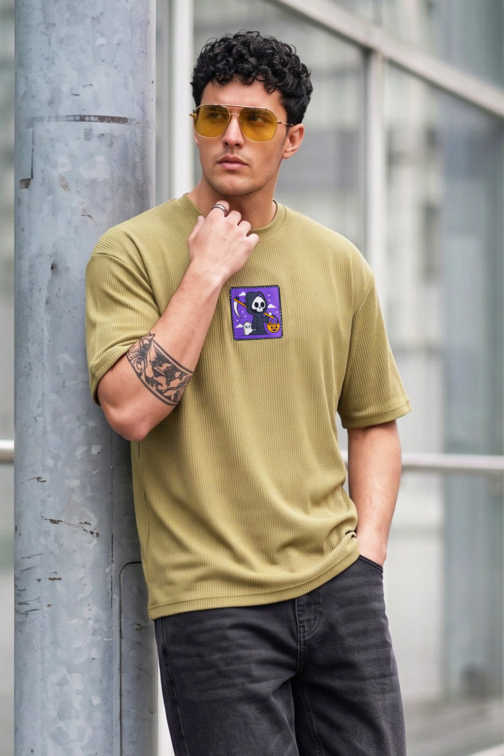 Rebel Skull Olive Moss Oversized Textured T-shirt