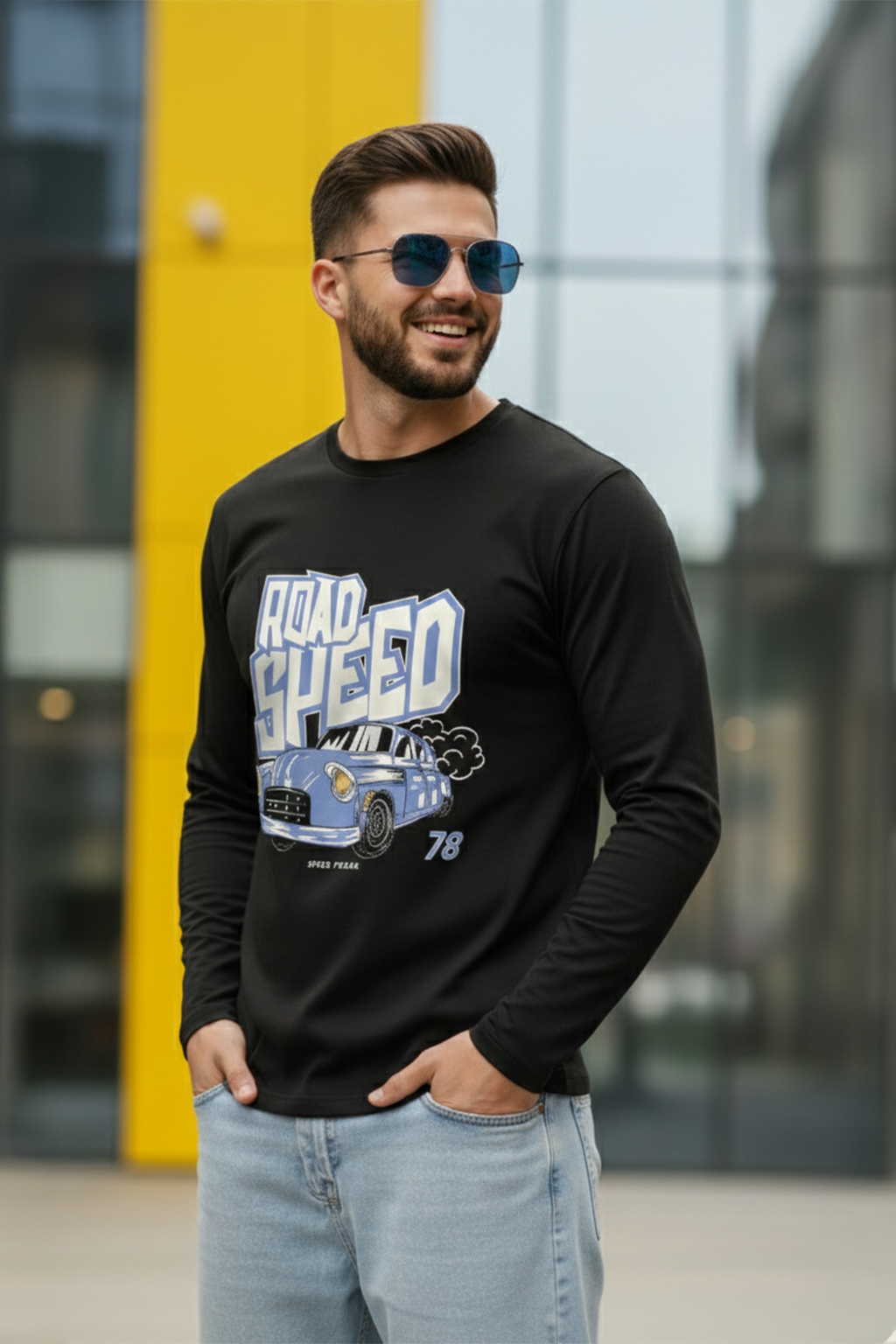 Road Speed Black Full Sleeves Regular Fit Printed T-shirt