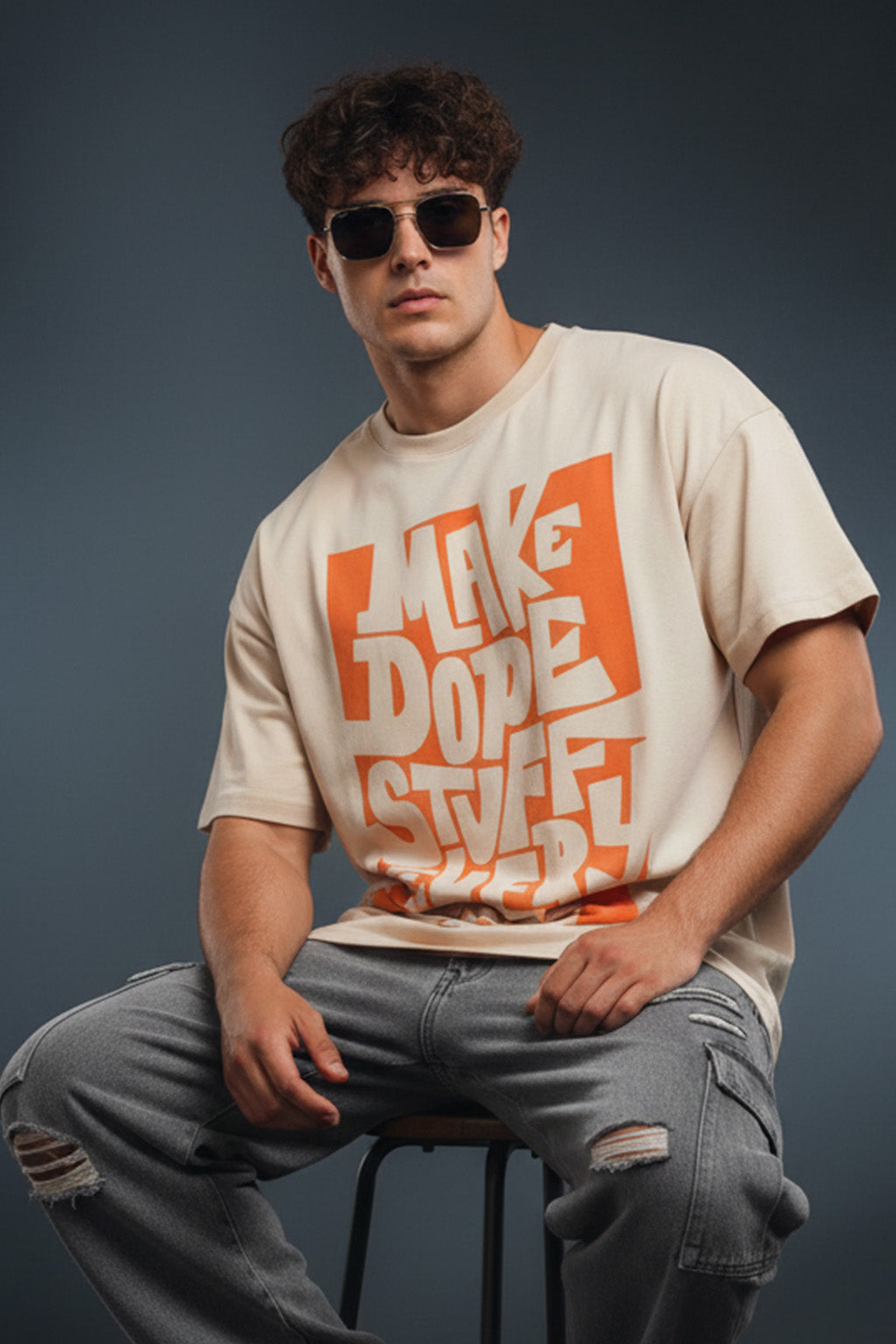 Dope Stuff Beige Oversized Front Graphic Printed T-shirt