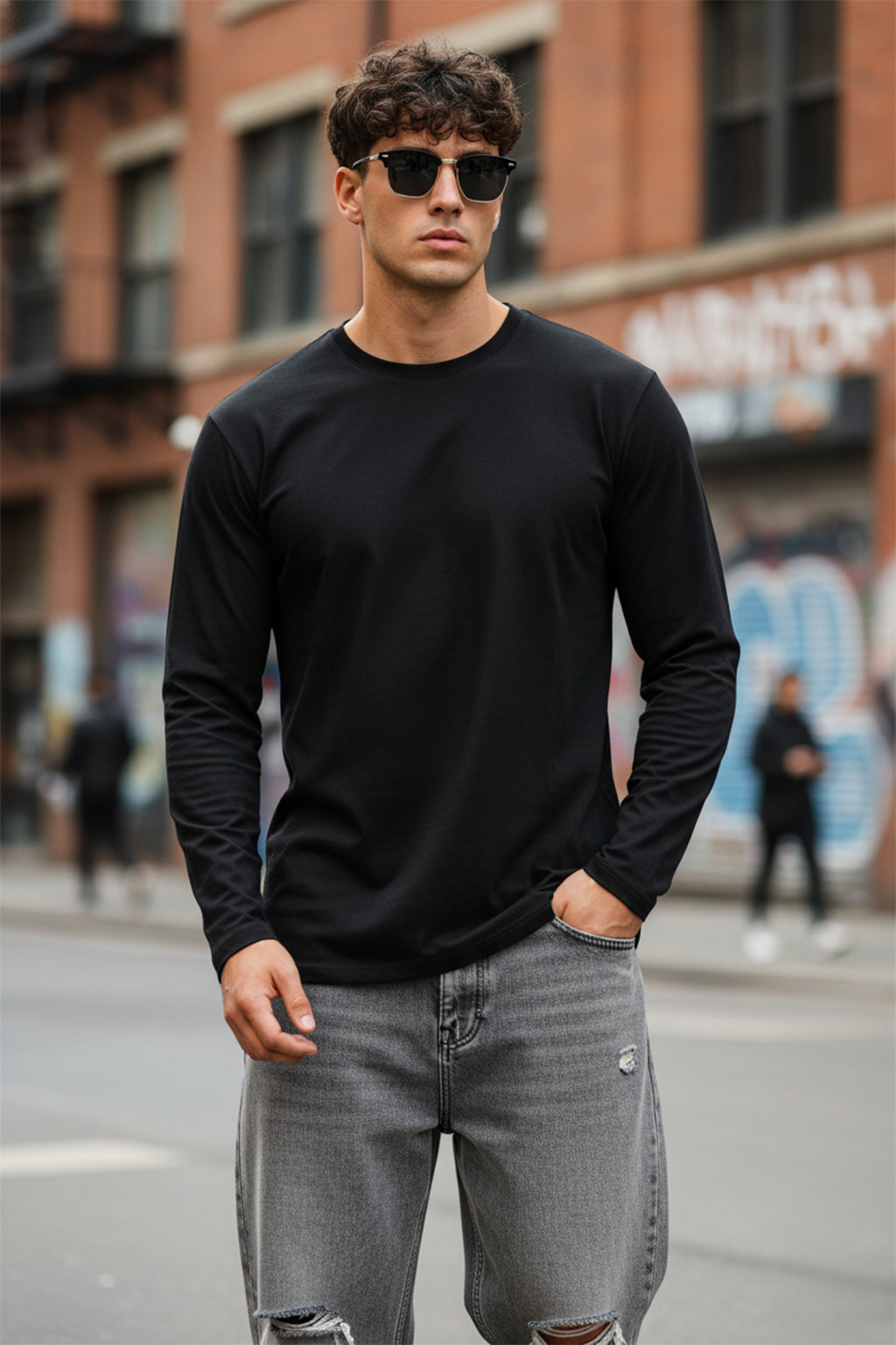 Black Plain Full Sleeves Regular Fit T-shirt