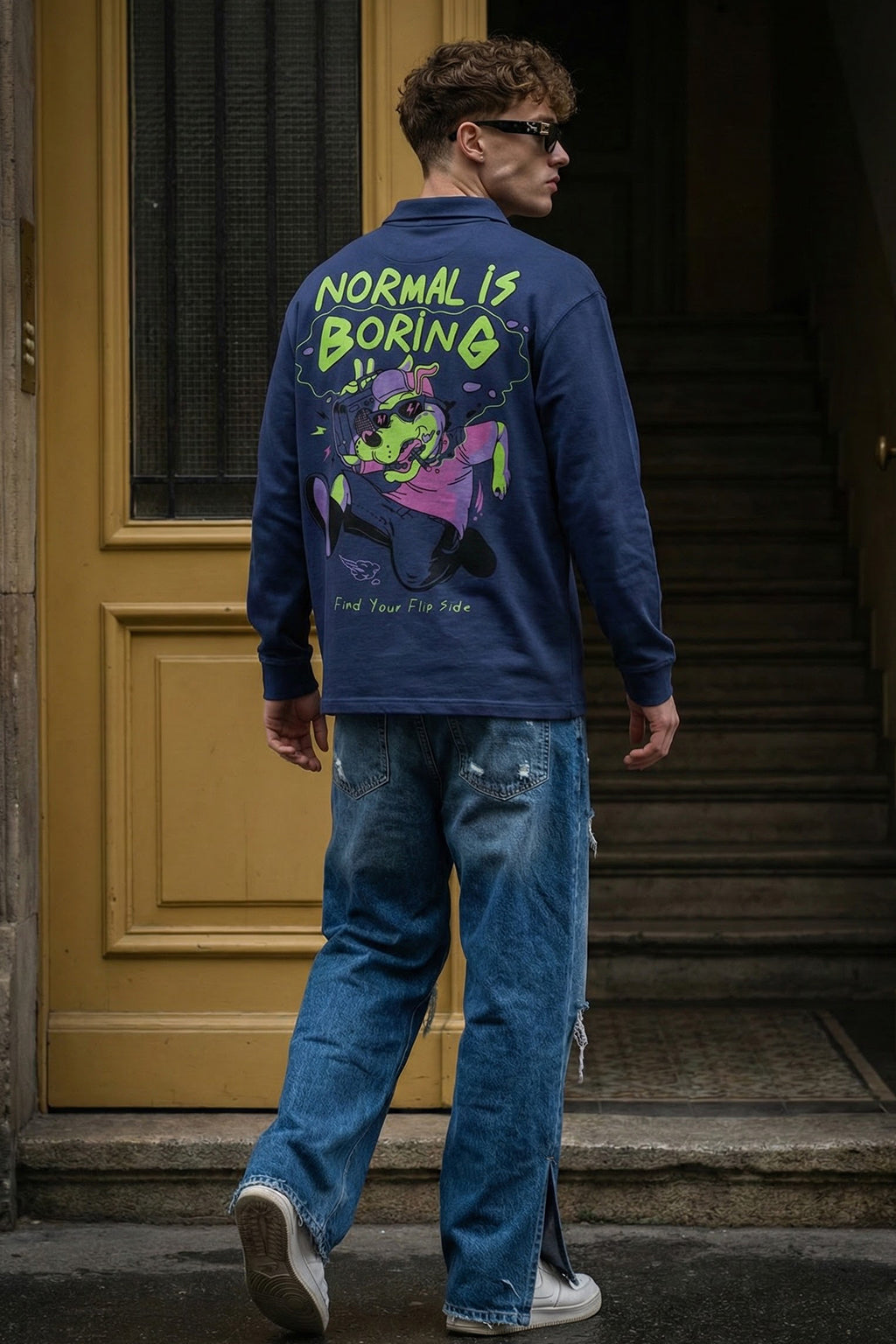 Normal Is Boring Navy Oversized Full Sleeve Exclusive Polo T-shirt