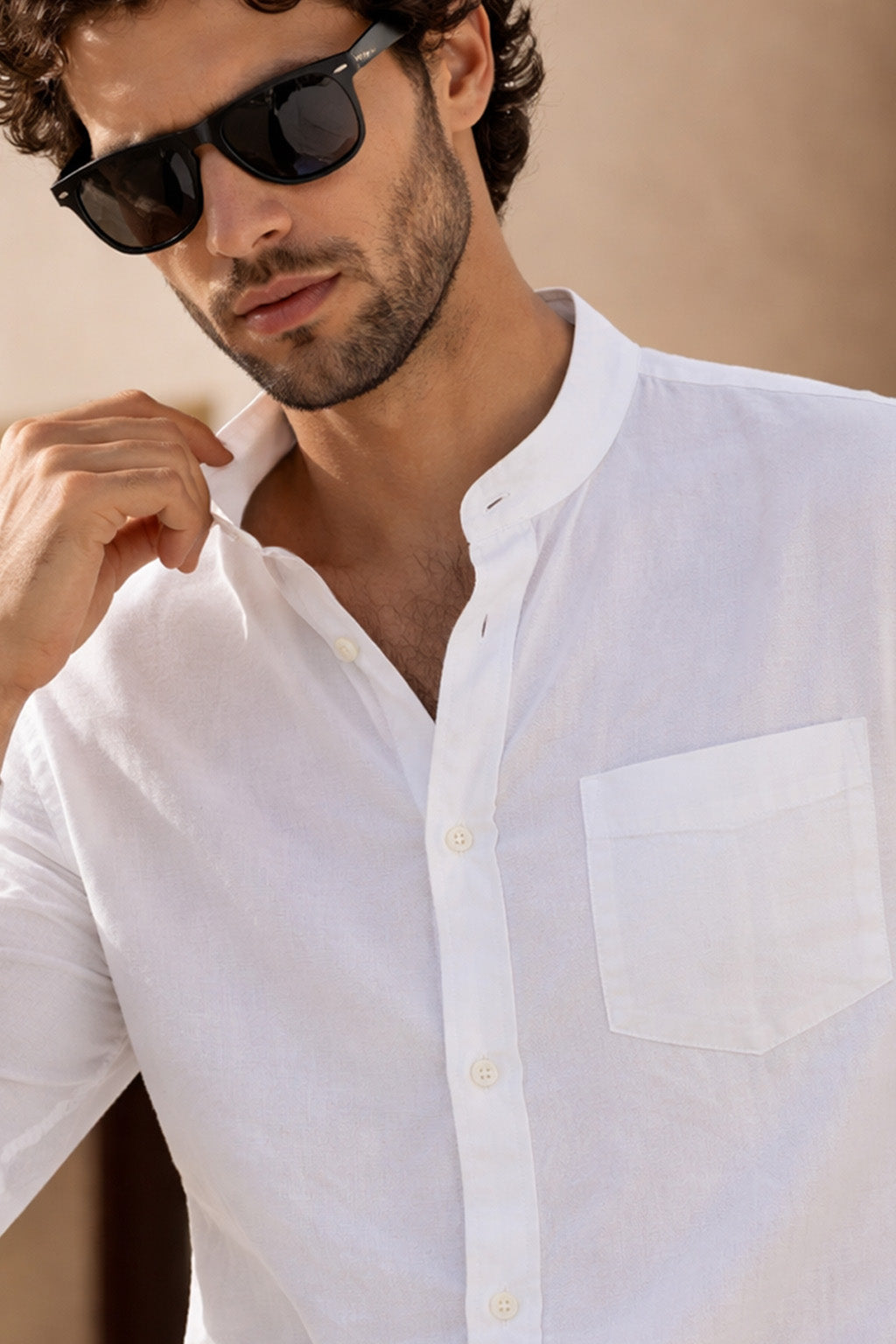 White Plain Regular Fit Chinese Collar Full Sleeve Exclusive Shirt