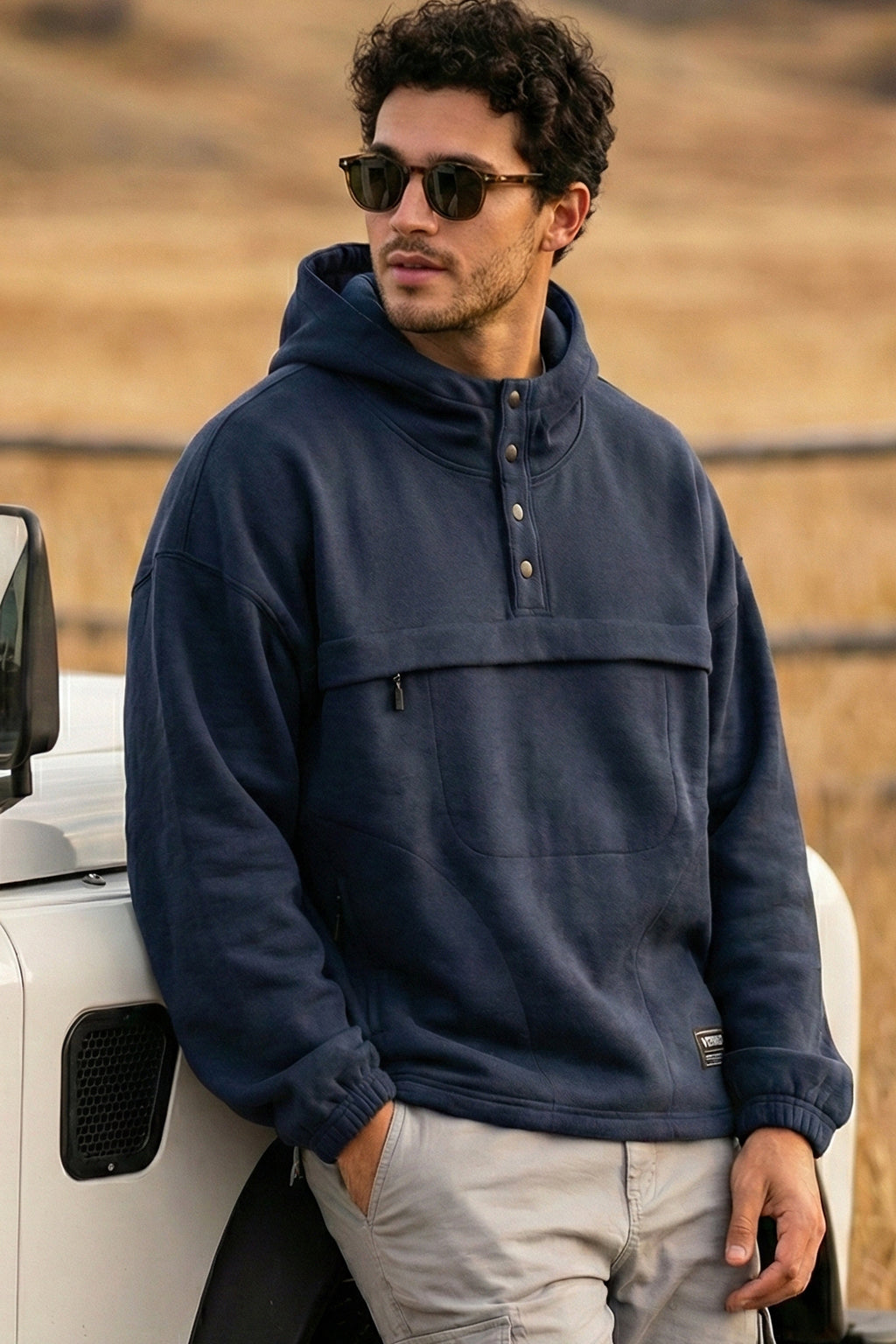 Veirdo Navy Oversized Plain Button-Neck Pullover Hoodie