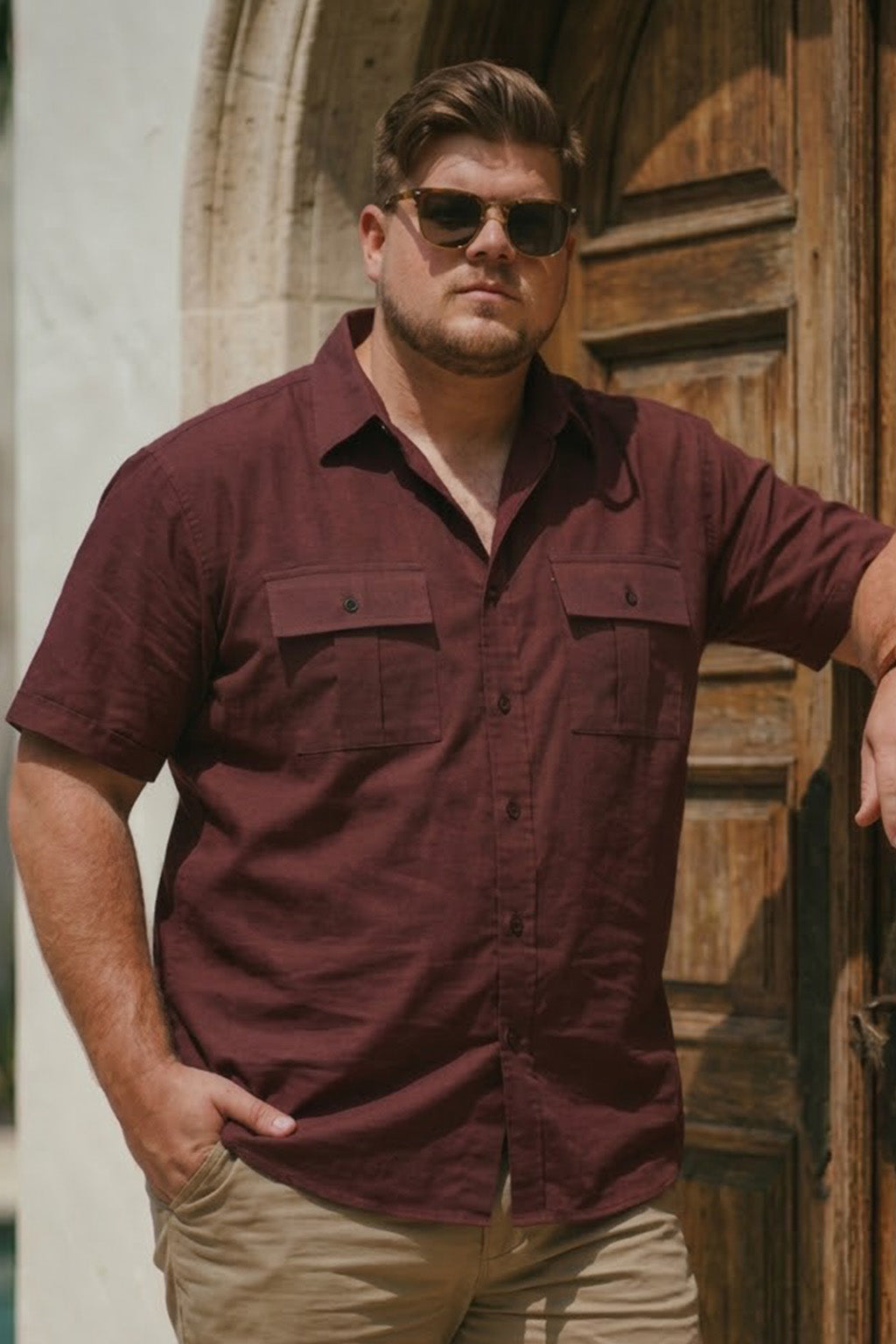 Brown Plus Size Half Sleeve Dual Pocket Utility Exclusive Shirt