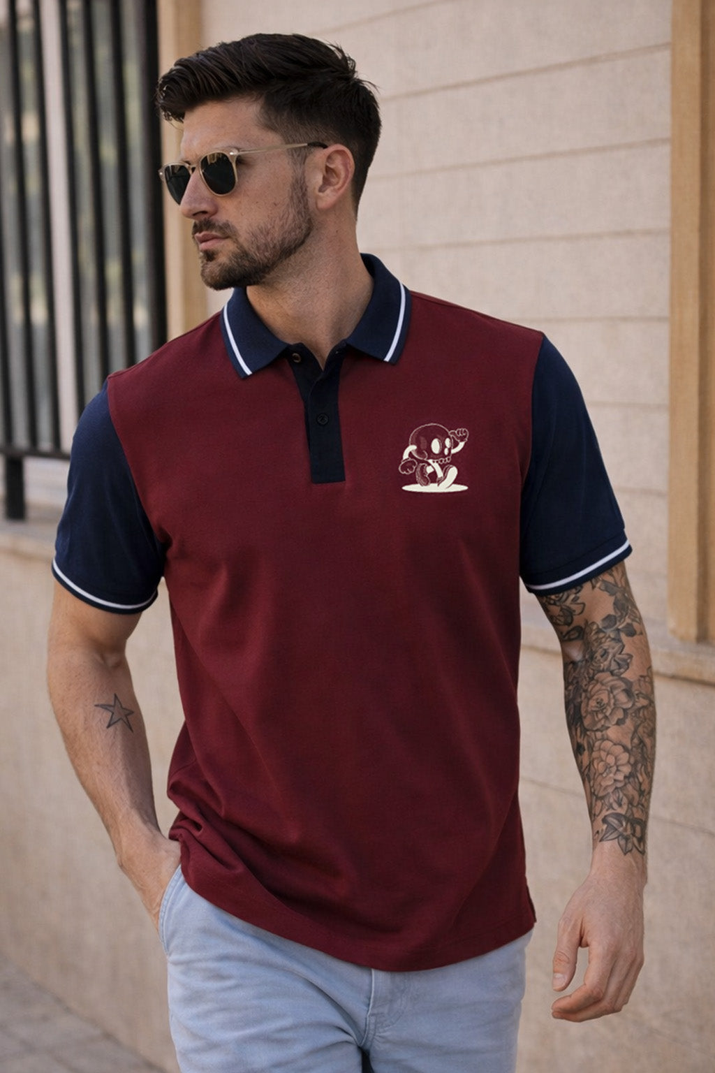 Skull Maroon Contrast Stripped Collar Economic Regular Fit Pique Polo