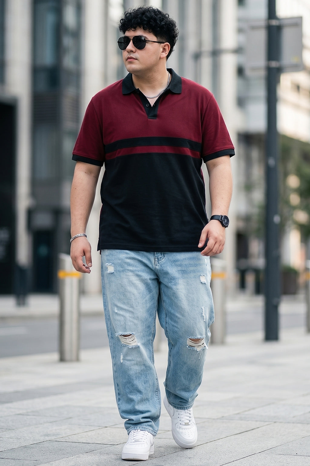 Maroon And Black Striped Plus Size Polo T-shirt