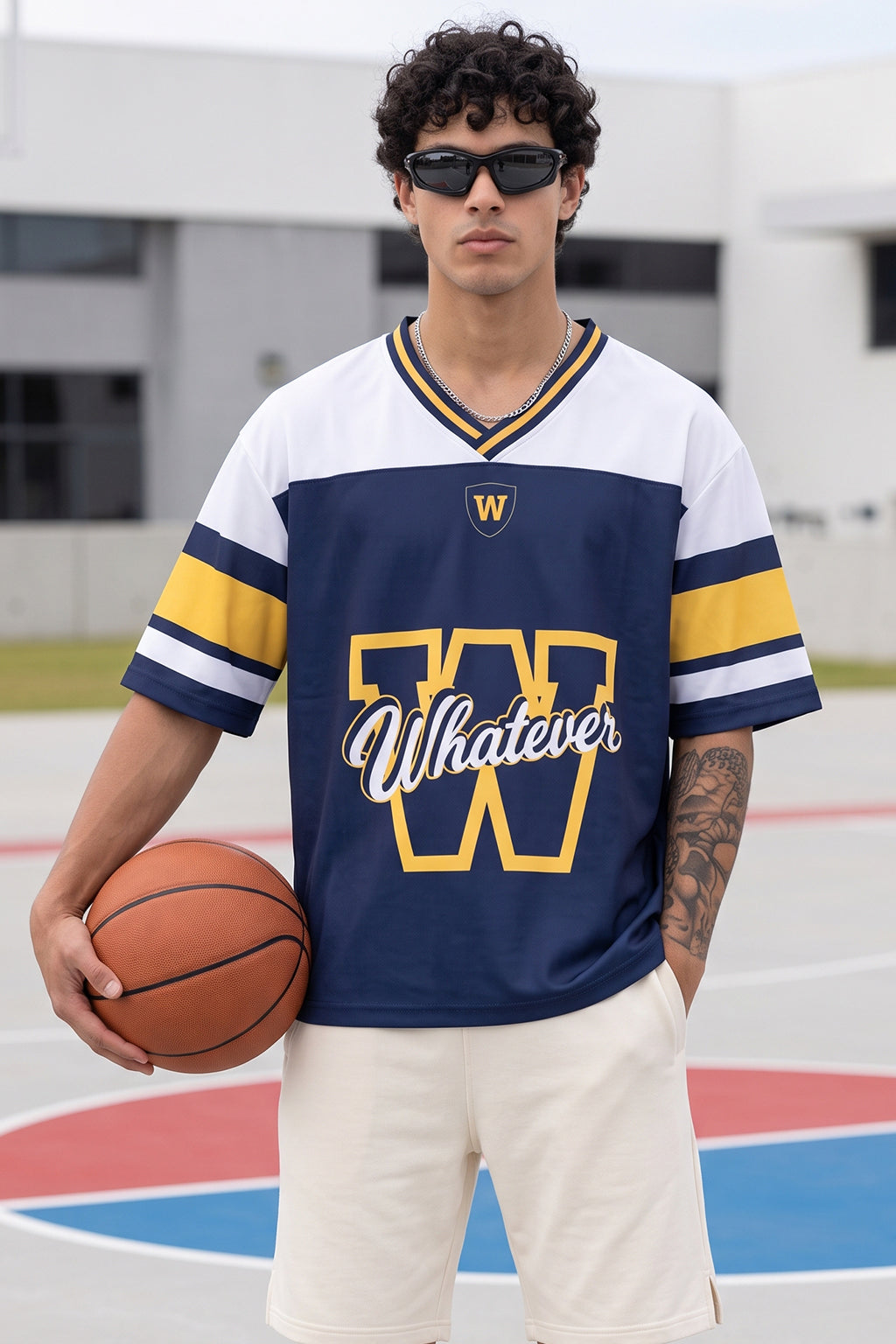 Whatever Navy Varsity Collar Oversized T-Shirt