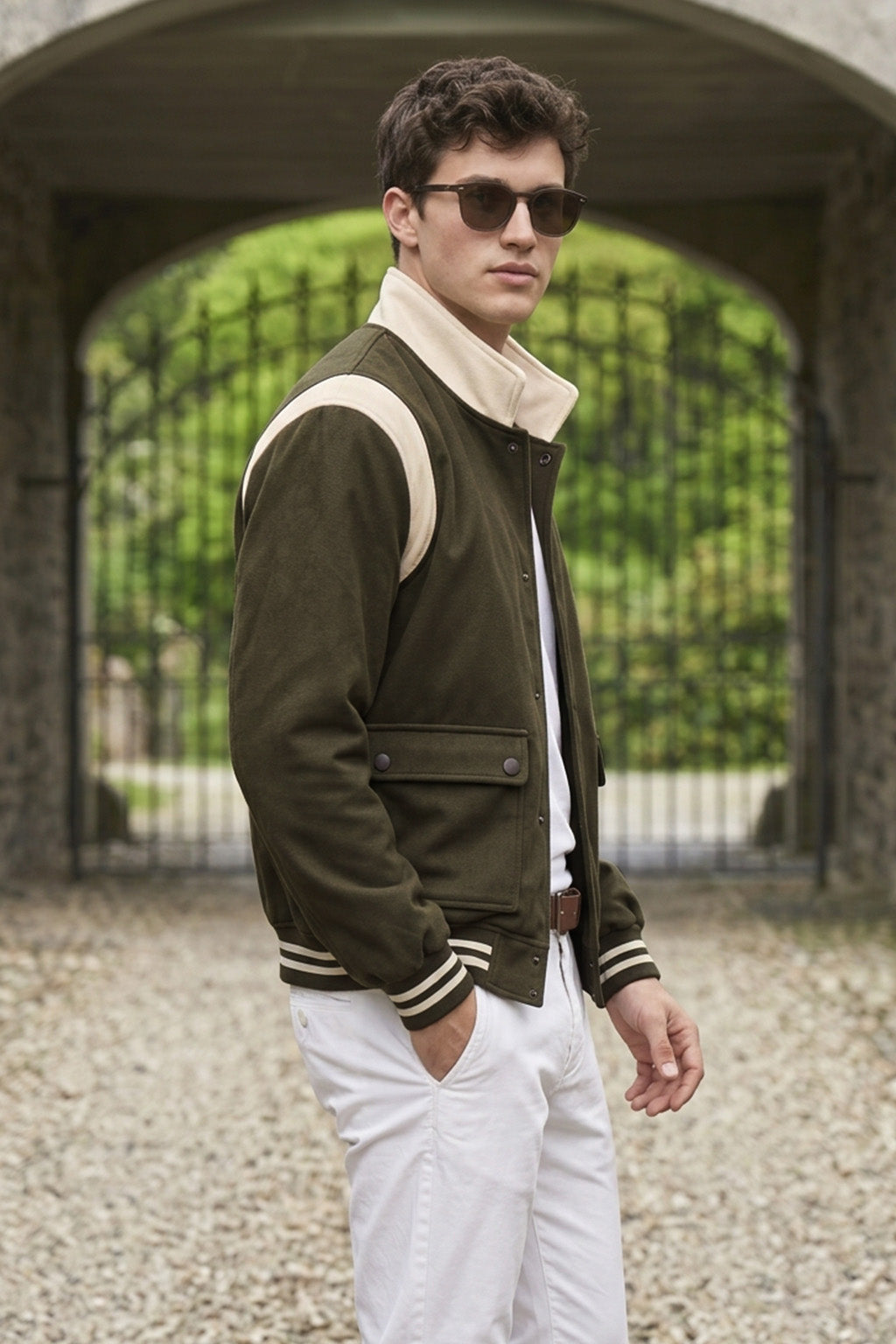 Olive Green Varsity Bomber Suede Exclusive Jacket With Inner Pocket