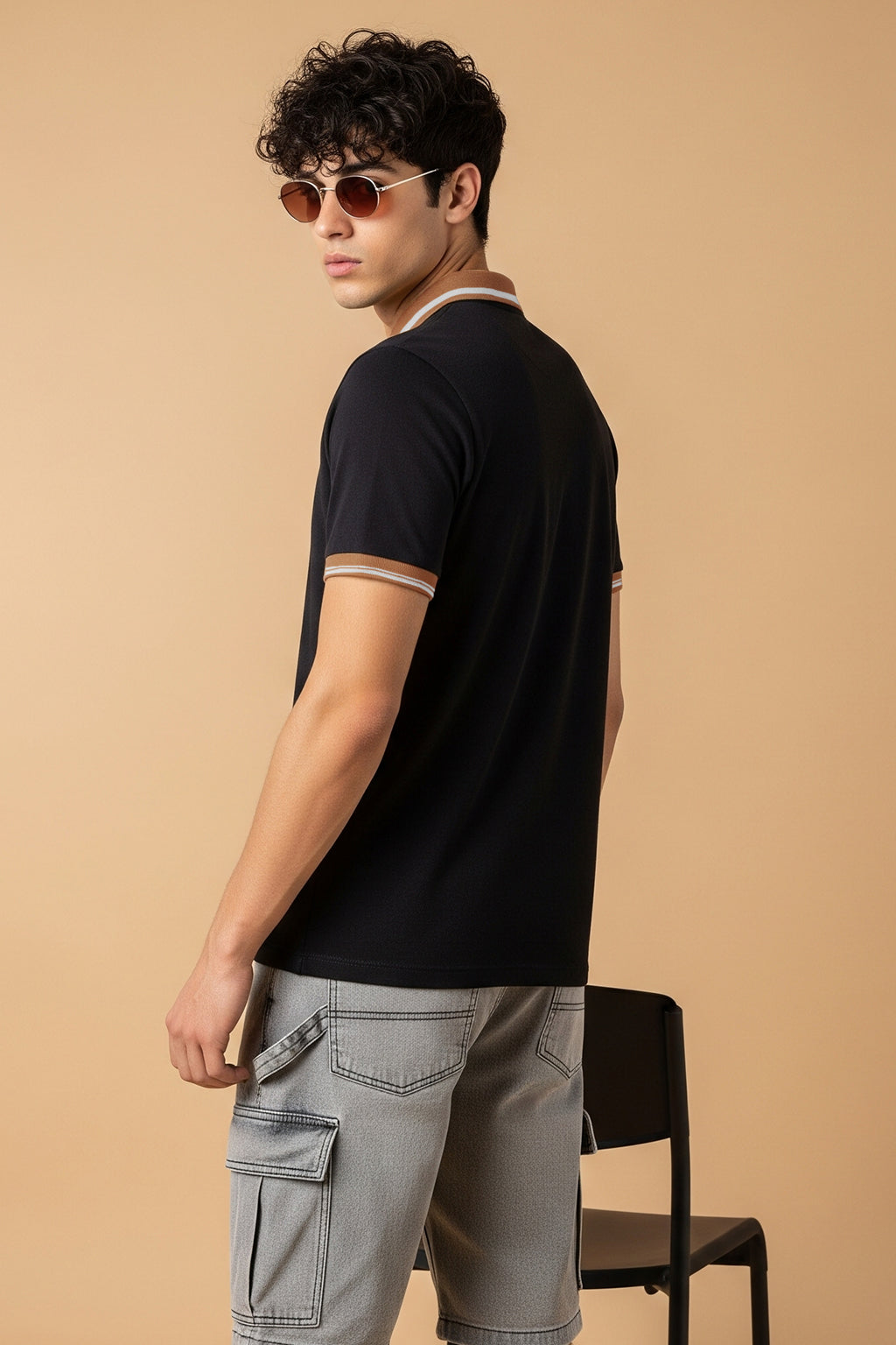 Black Brown Plain Regular Slim Fit Polo T-shirt